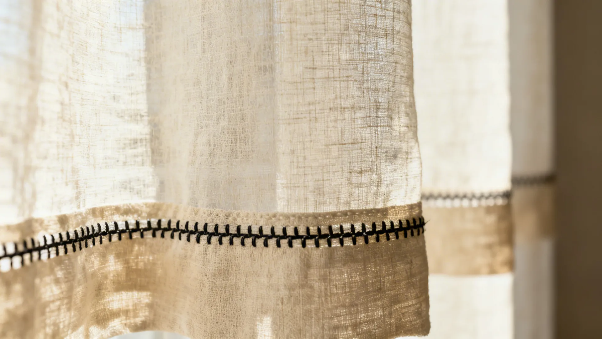 Close-up of cream linen curtain with black embroidered border detail.
