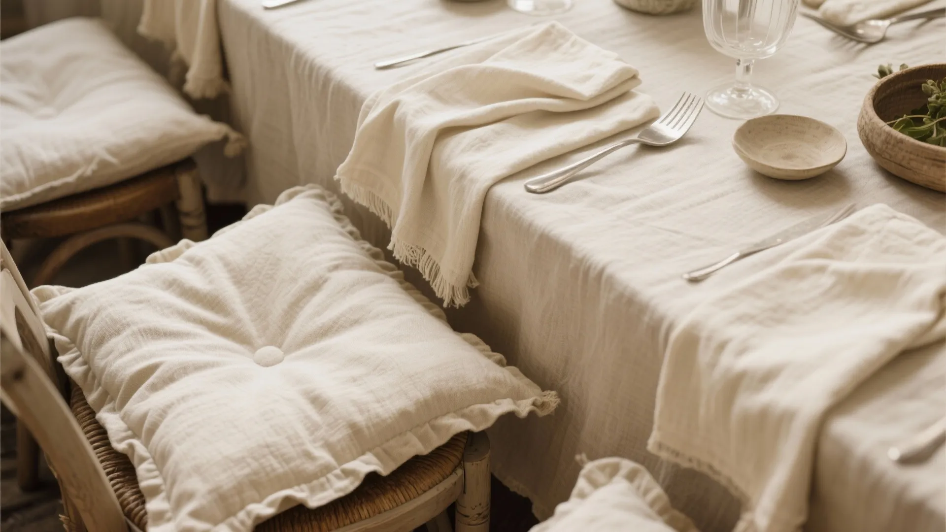 Dining table set with linen tablecloth cream fabric cushions silver forks and white drinking glass
