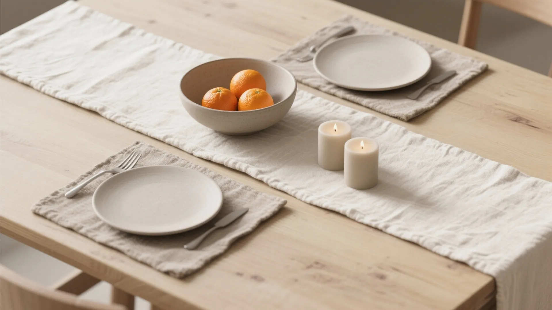 Wooden dining table with linen runner bowl of oranges two plates and two small candles