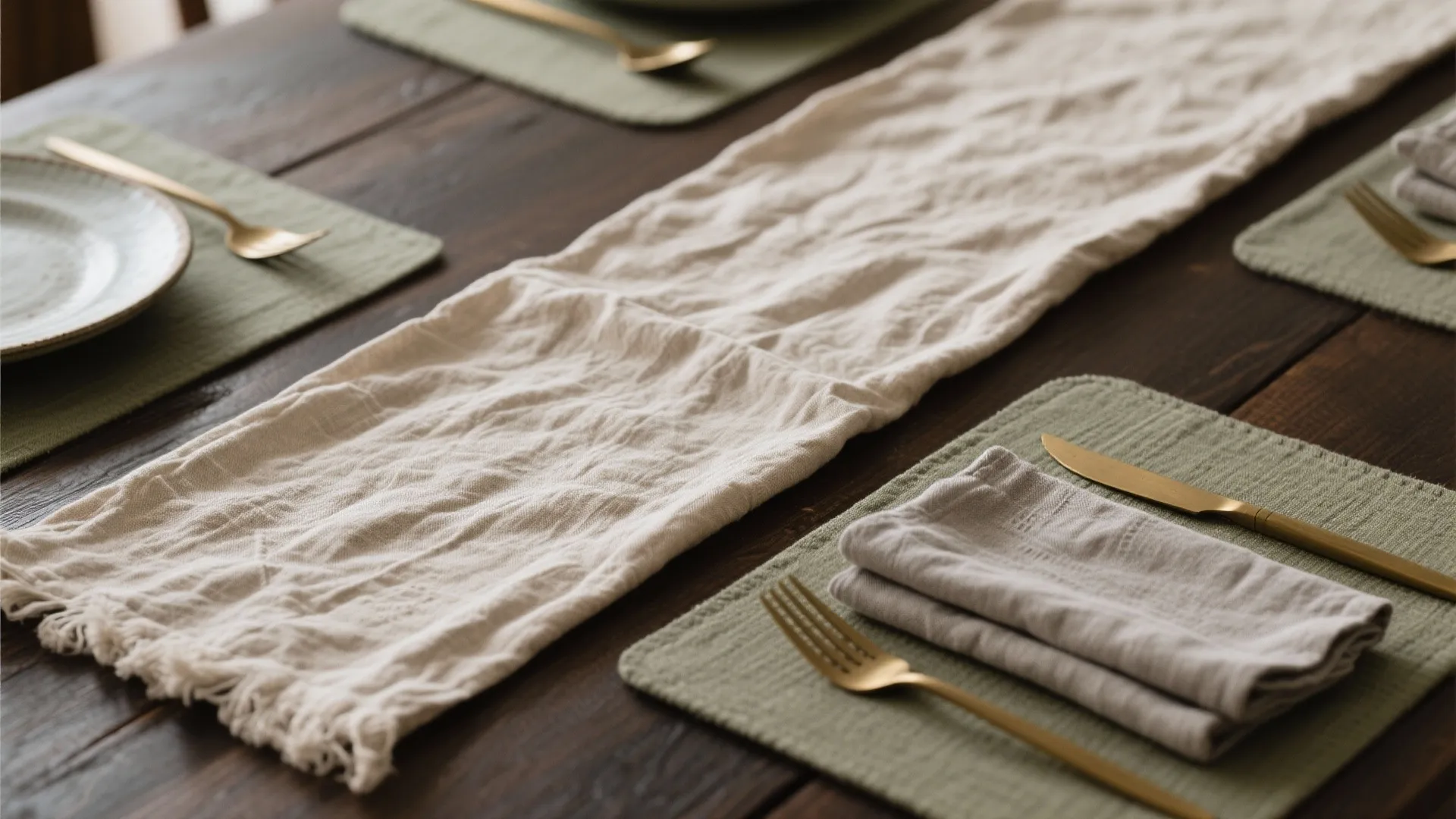 Close up of a dark wood table with light linen runner and green place mats