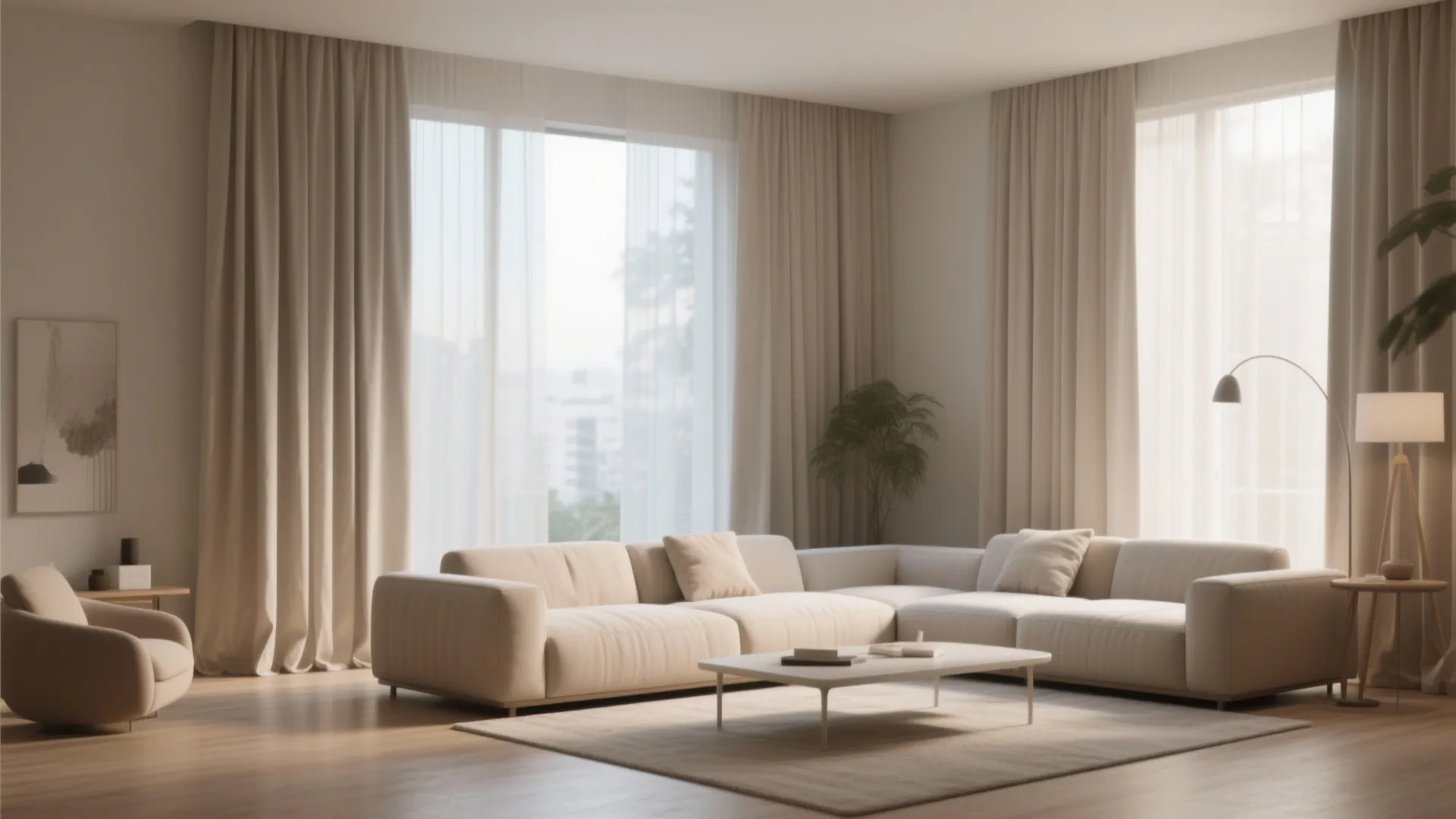 Neutral linen curtains extending from ceiling to floor in a bright living room