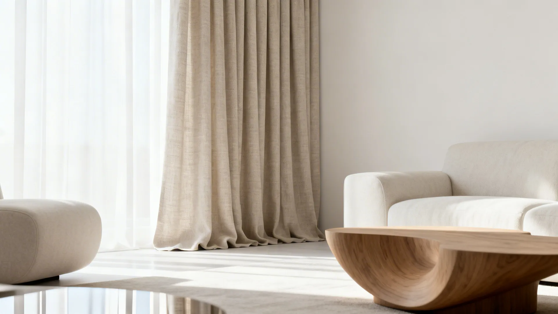 Minimalist living room with floor-sweeping neutral linen-blend curtains and sculptural furniture