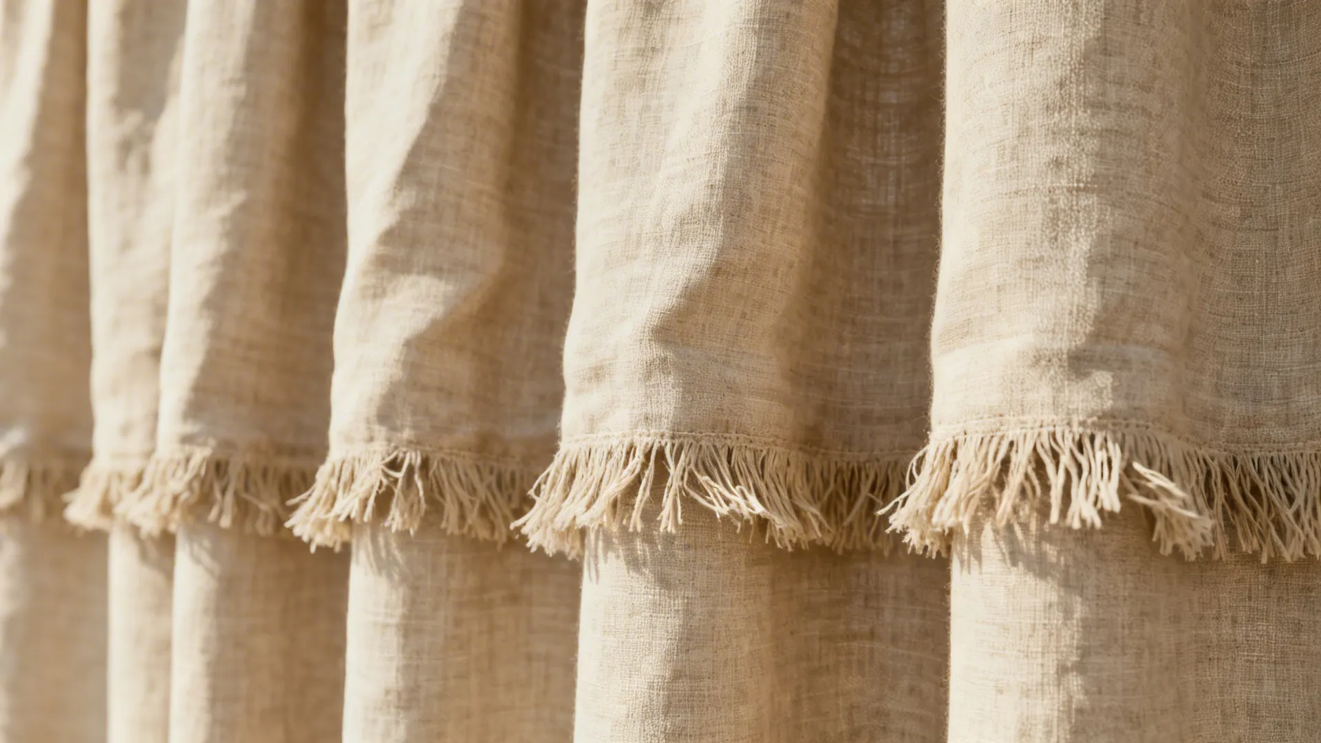 Close-up of a frayed-hem linen curtain showing texture and soft folds.