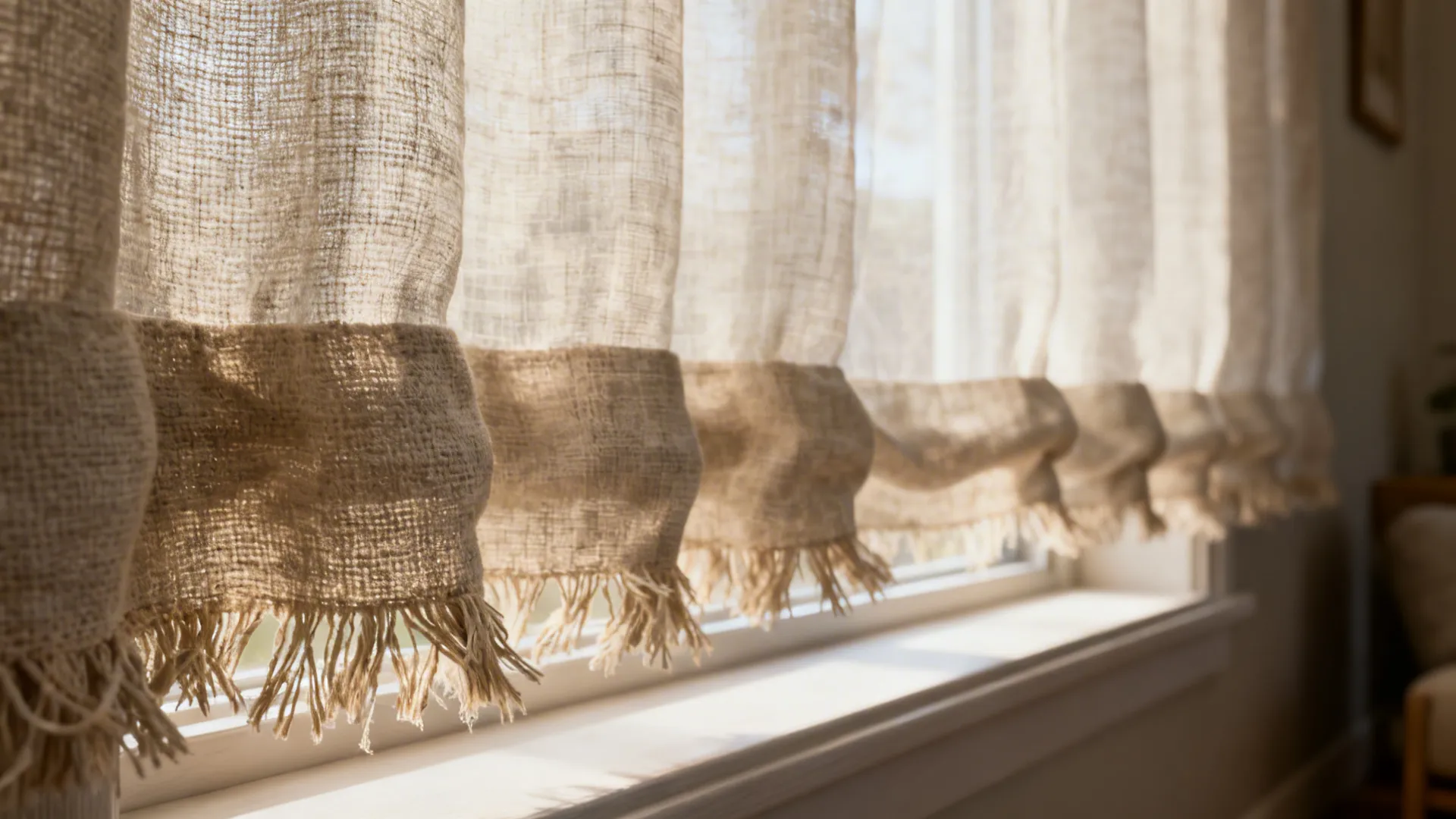 Close-up of beige linen curtains with fringed edges hanging on a window with bright sunlight