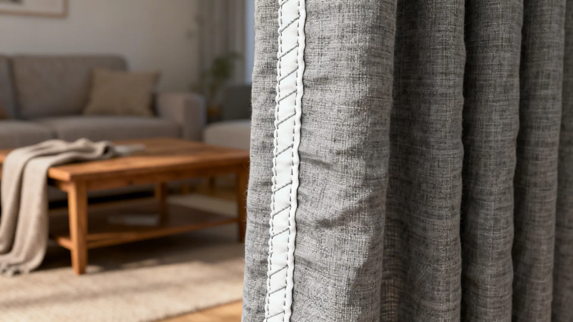 Close up of grey curtain with white trim and blurred living room in the background