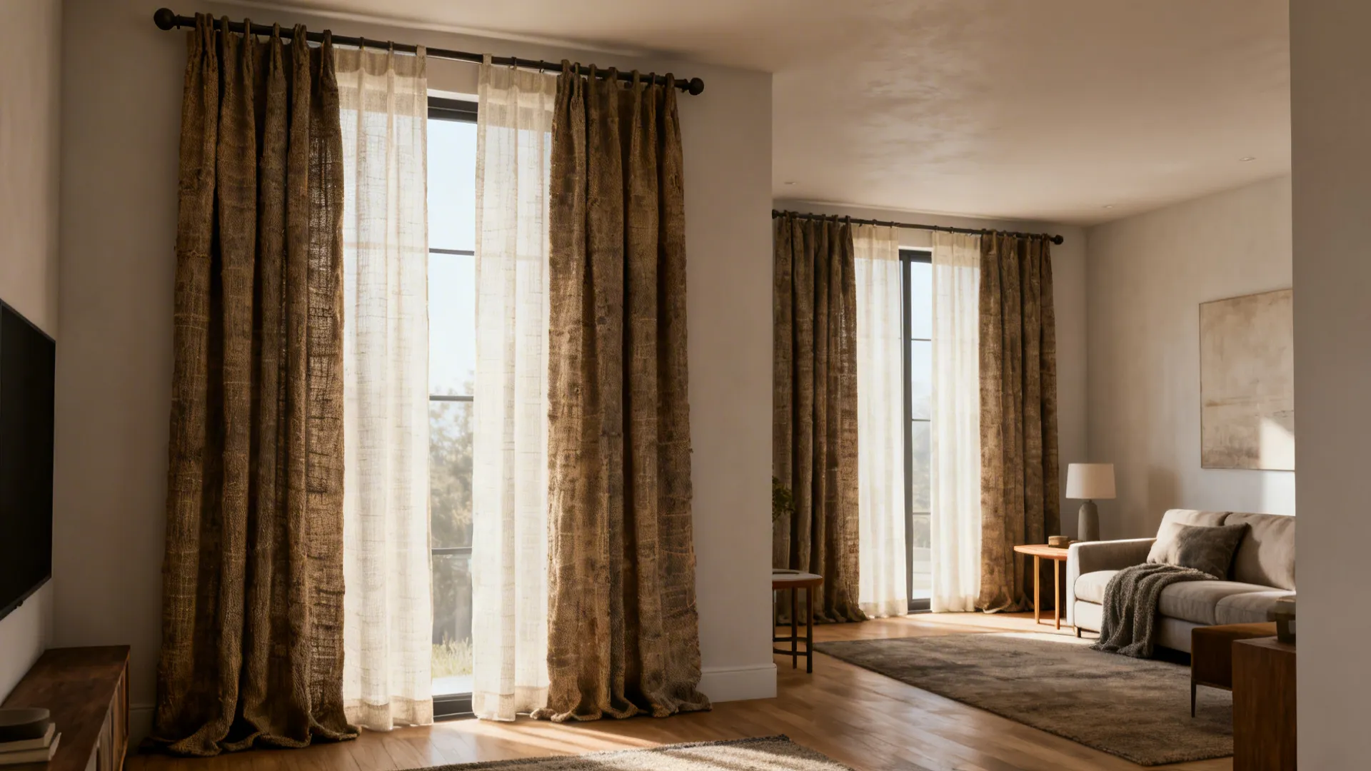 Living room with brown heavy curtains and white sheer curtains on two sets of windows