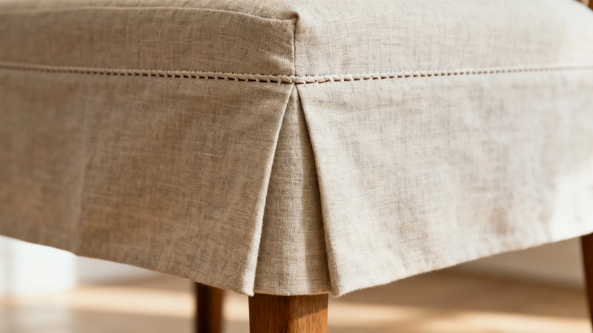 Close up of beige fabric chair cover with detailed stitching and pleated corner design elements