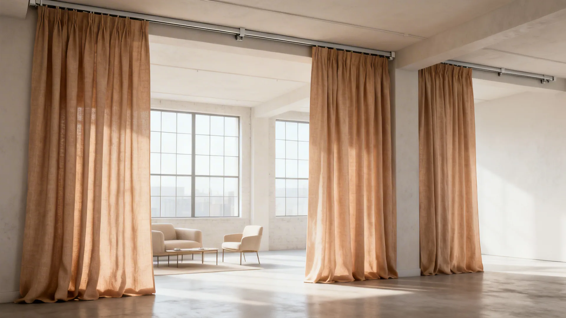 Light brown curtains on tracks dividing a bright open room with large windows and sofa