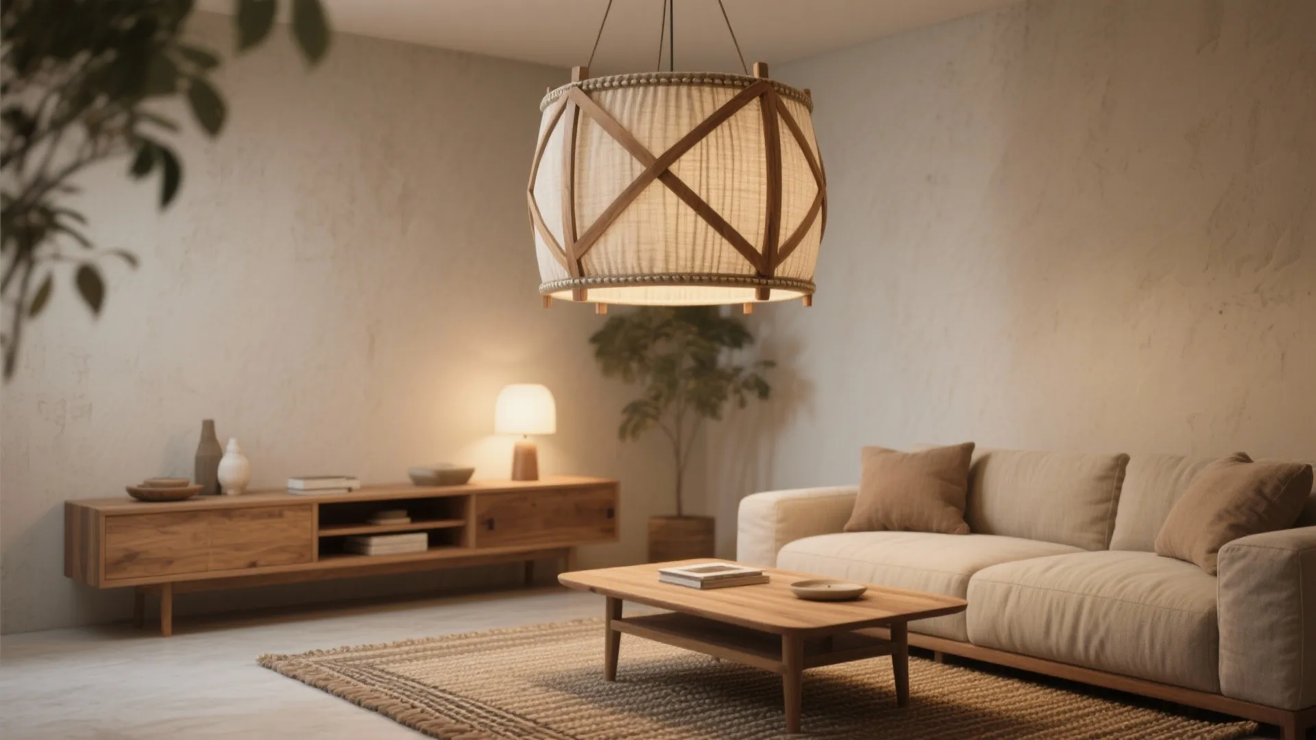 Natural wood or linen jhumar for texture and warmth