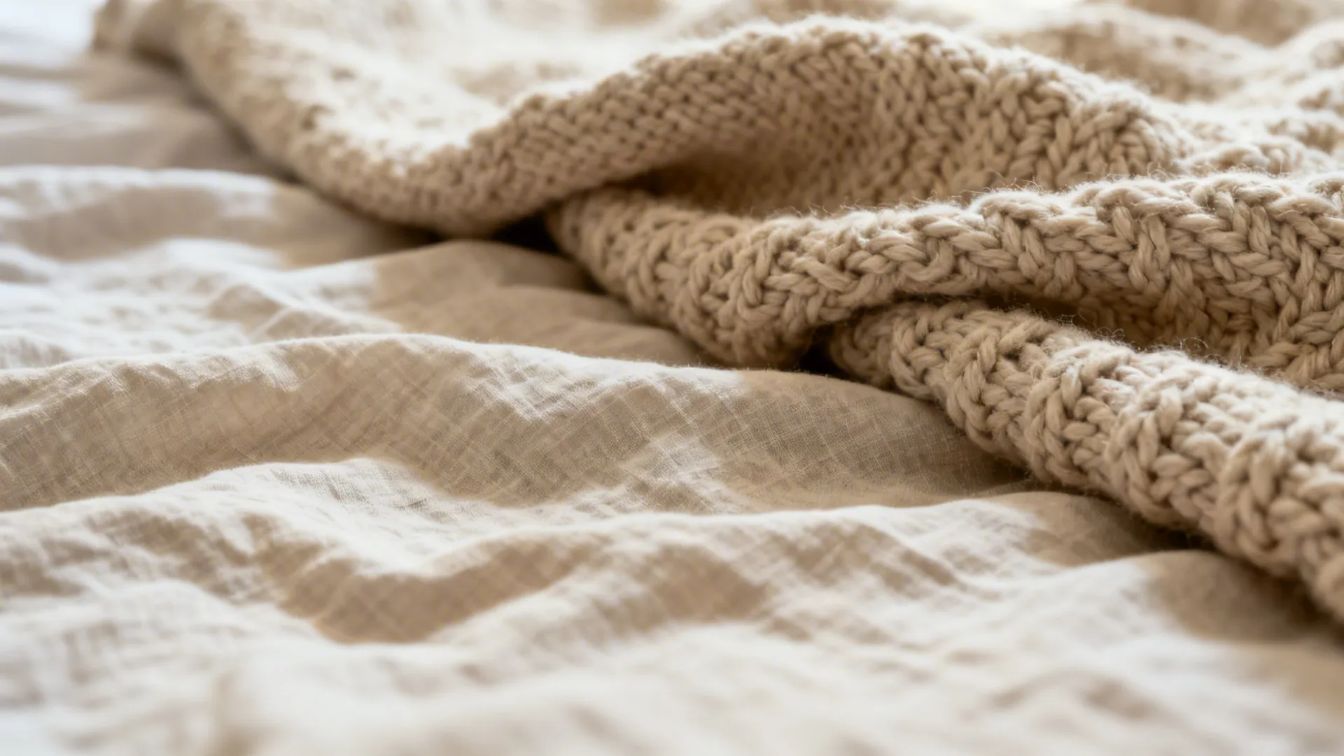 Macro detail of washed linen and a chunky knit throw with warm daylight highlighting the weave.