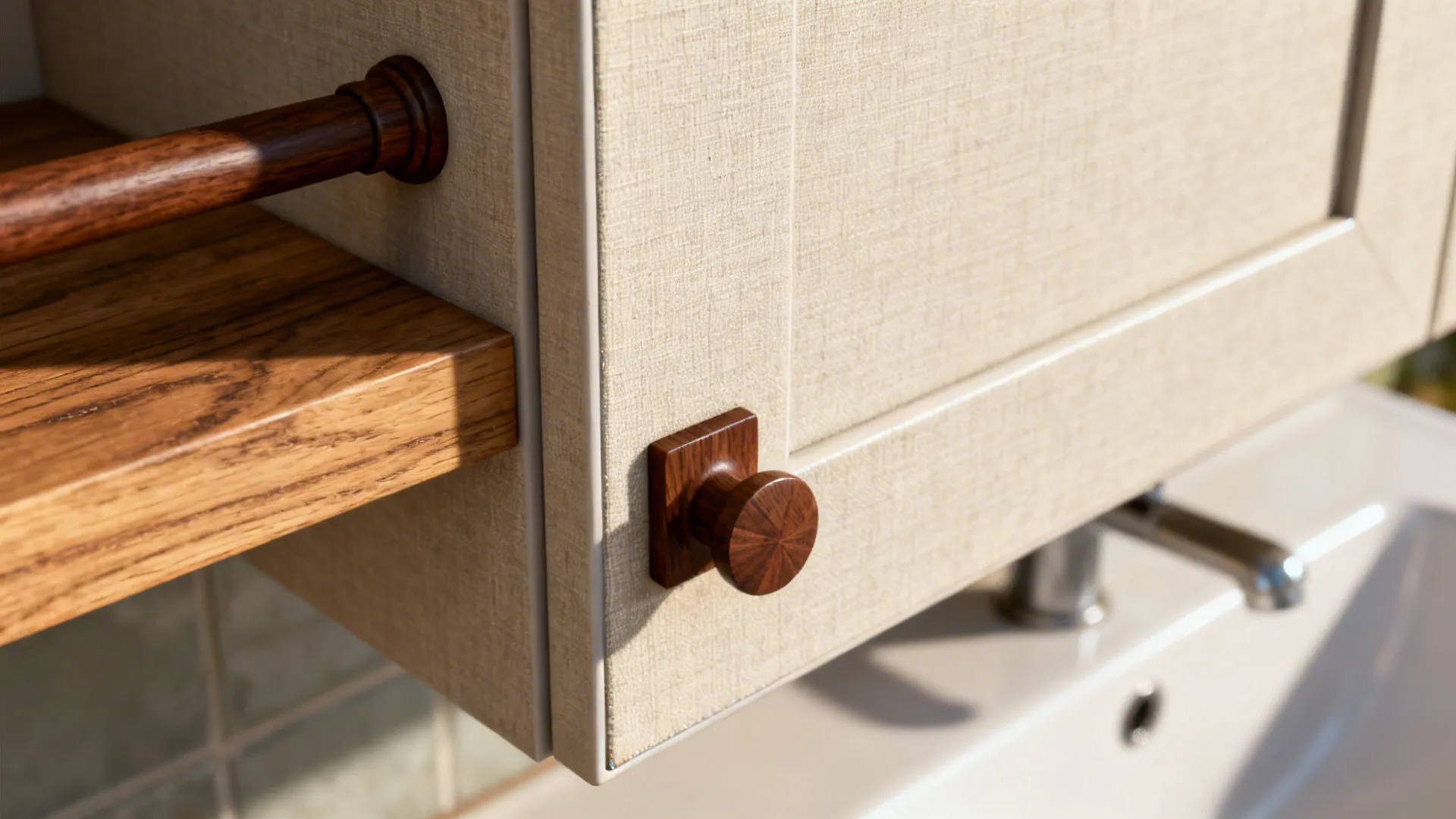 Close up of light textured cabinet door with a round wooden knob and wooden shelf