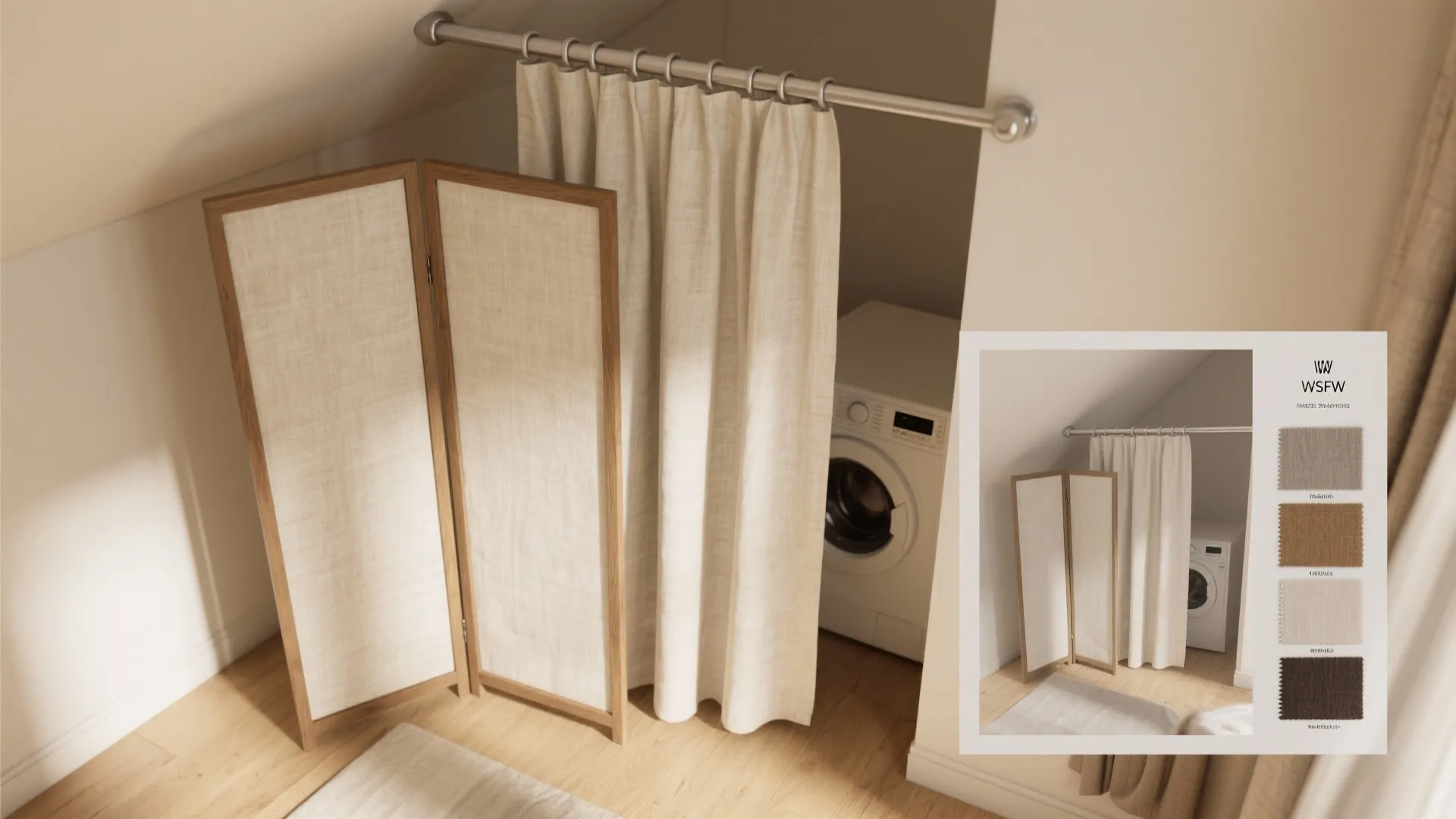 Small laundry area with washing machine hidden by beige curtain and wooden screen on wood floor
