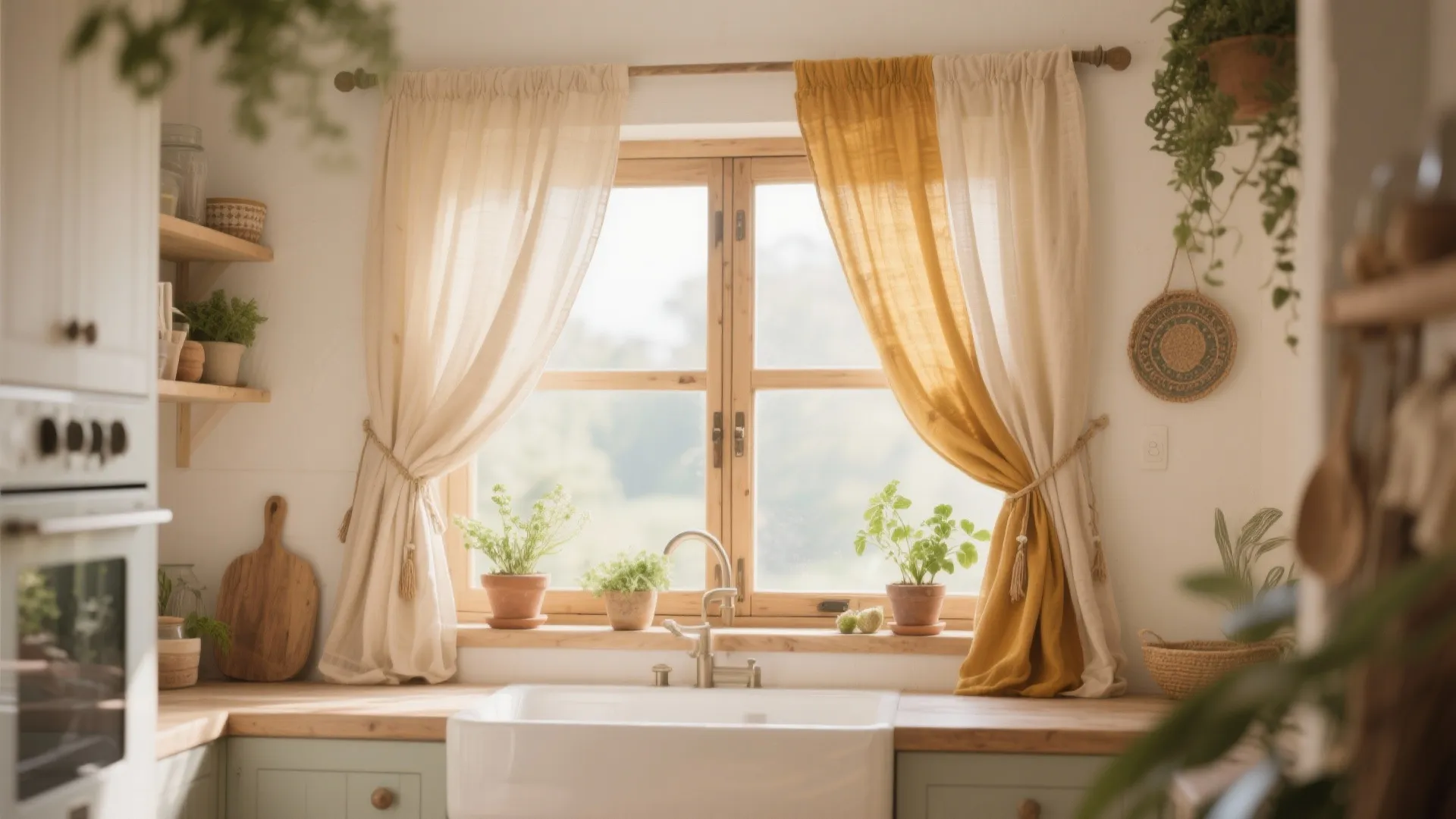 Light linen layered curtains in sandy beige and muted mustard