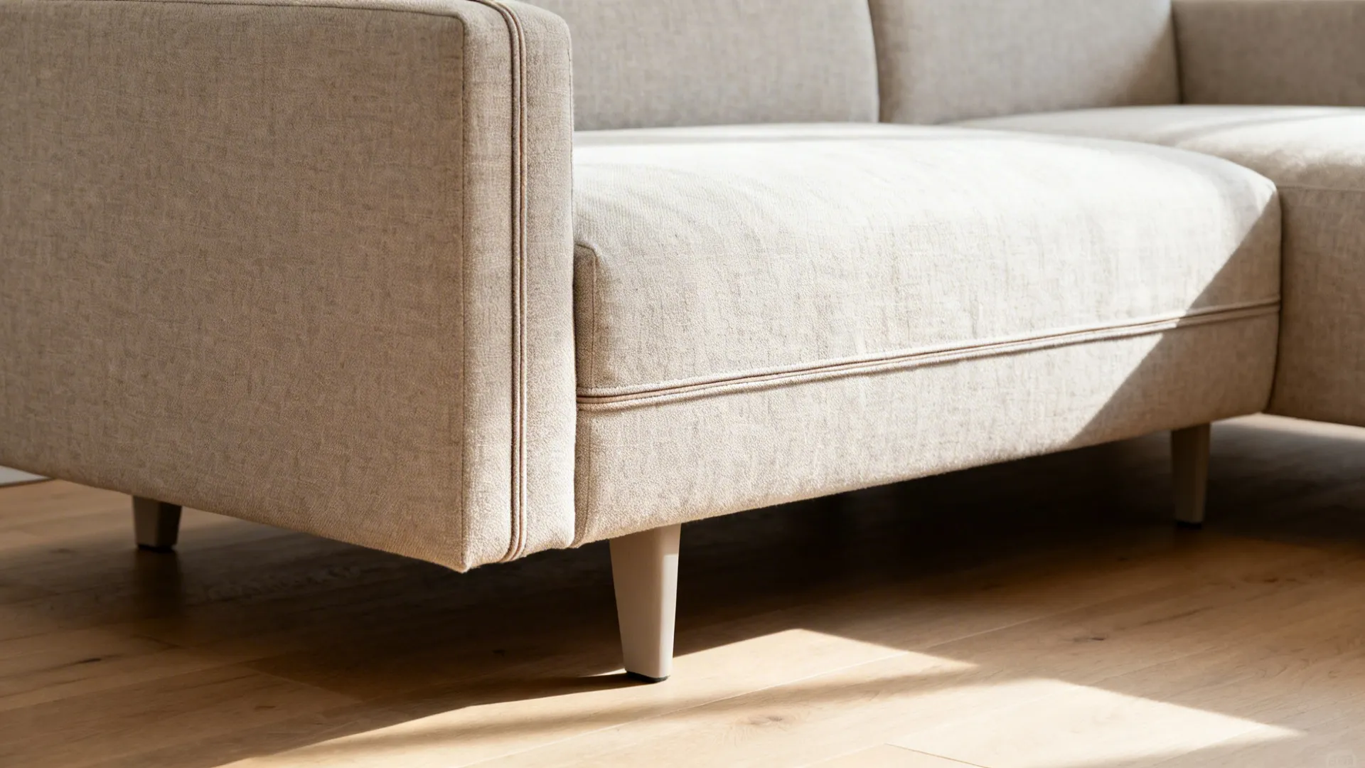 Macro of linen upholstery and raised sofa leg on light oak floor.