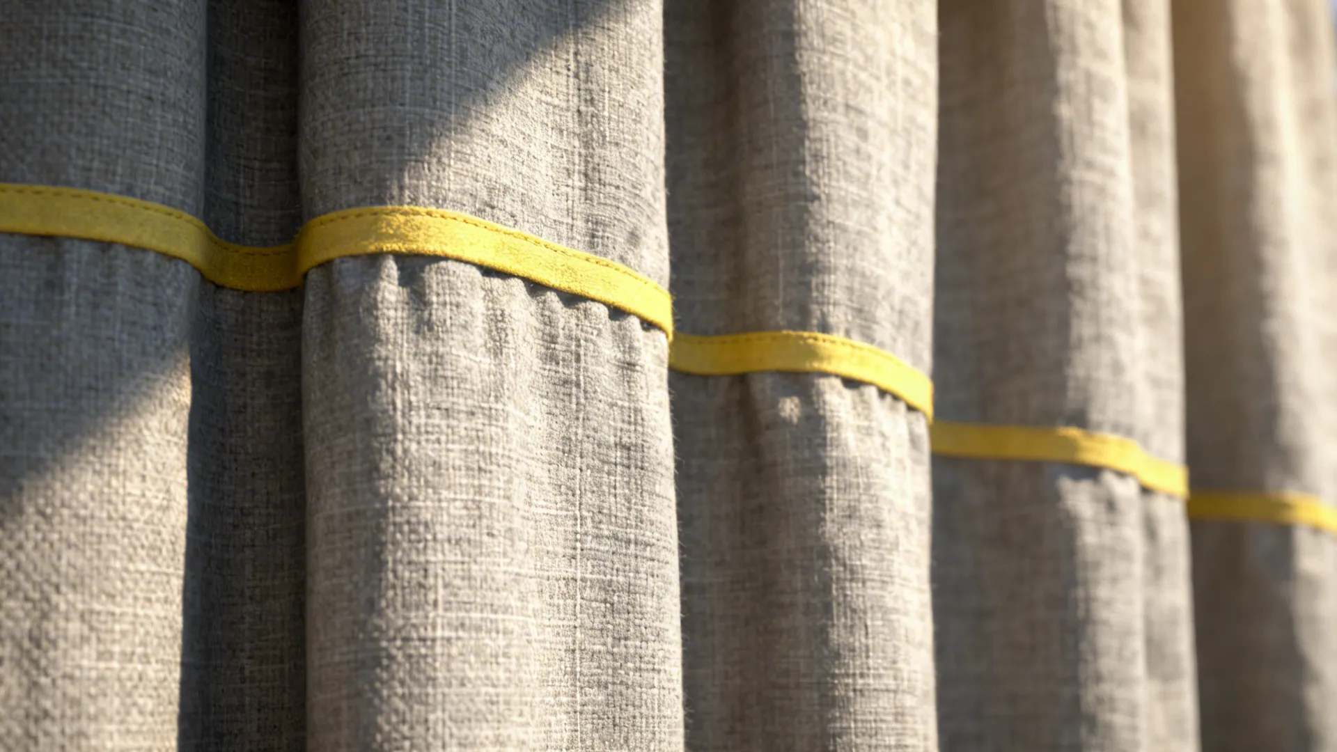 Macro of soft gray linen curtain with a slim lemon-yellow trim showing fabric texture.