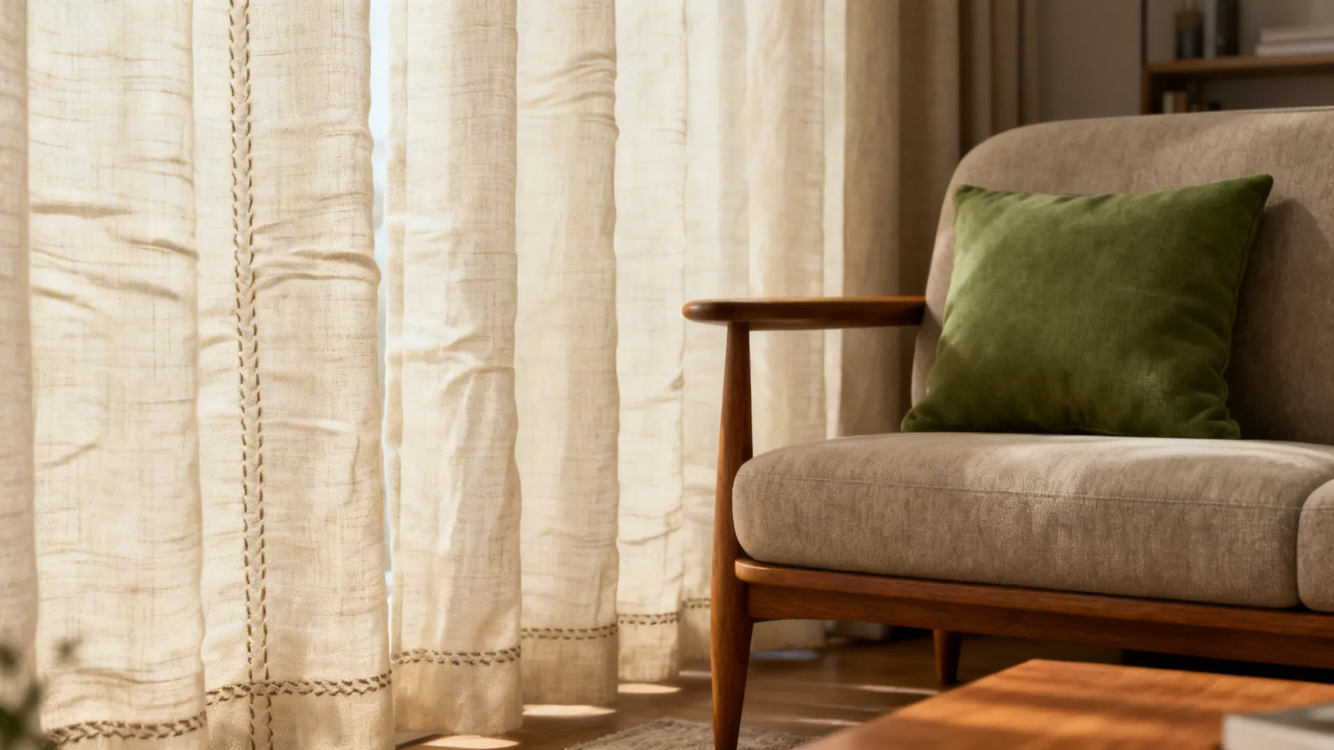 Textured linen-look cream curtains showing weave and subtle wrinkles in a compact living room