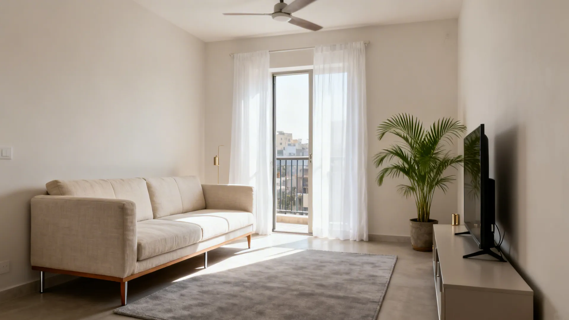Minimalist pale linen L-shaped sofa with raised legs in a bright compact Indian living room.