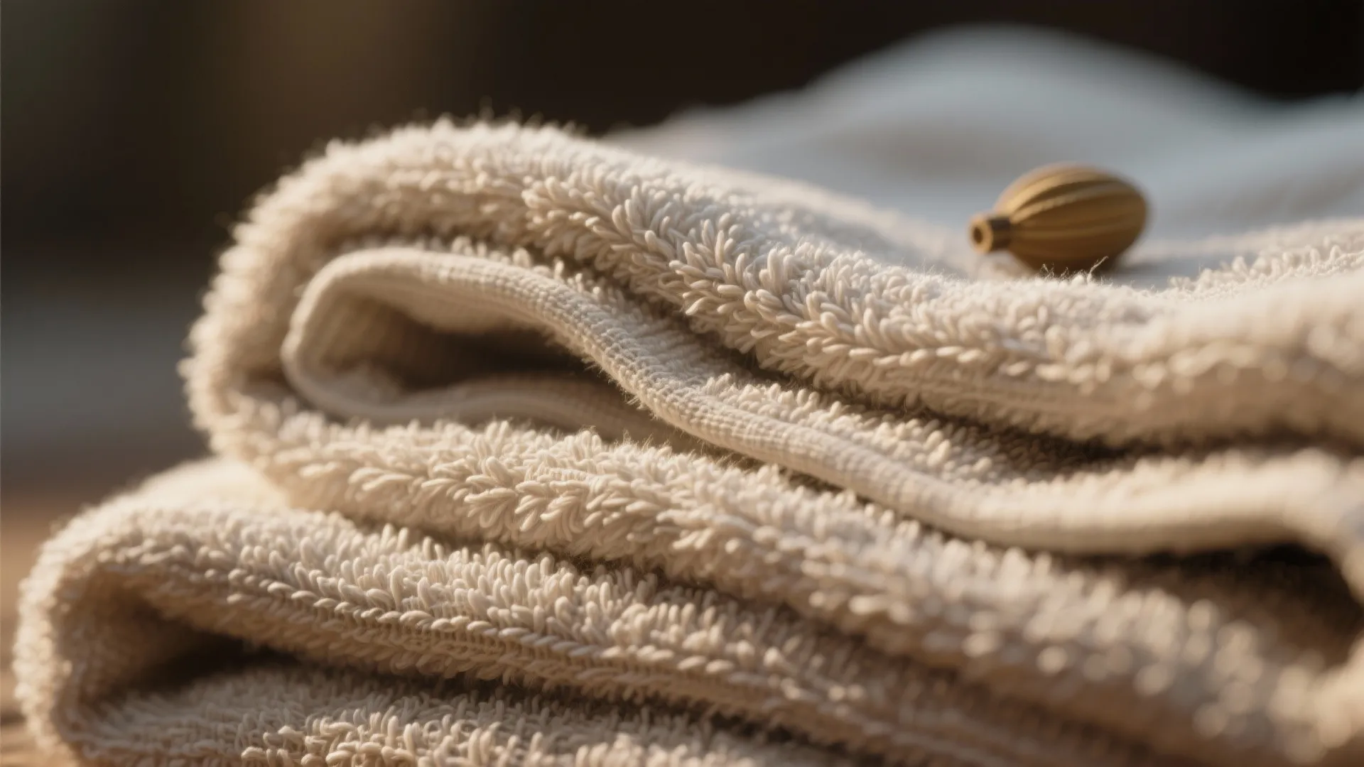 Close up view of soft beige folded towels with small gold accent piece on wooden table