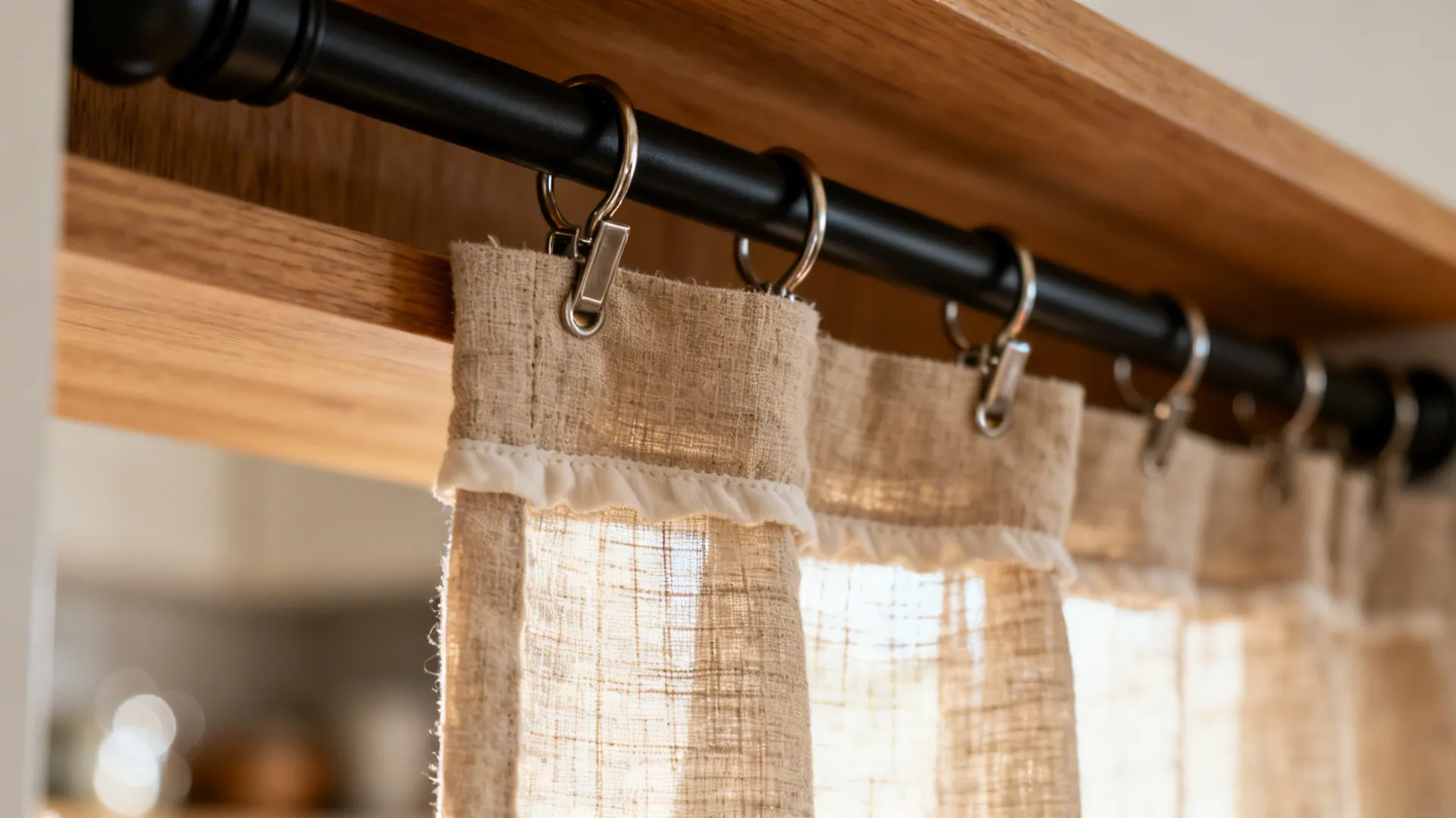 Close-up of linen weave and clip rings on a kitchen cafe curtain.