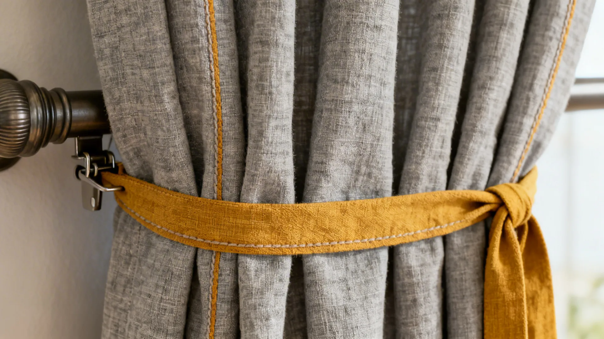 Close-up of soft grey linen curtain with muted mustard piping and tie-back showing fabric texture.