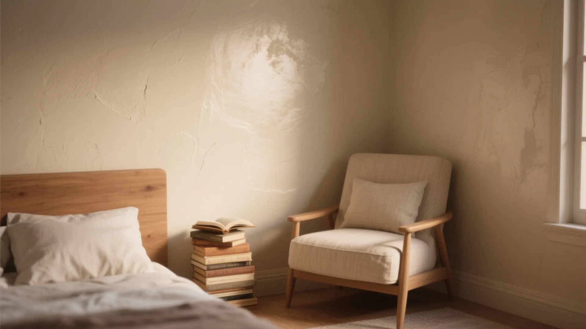Cozy bedroom corner featuring a wooden chair with beige cushions beside a stack of books