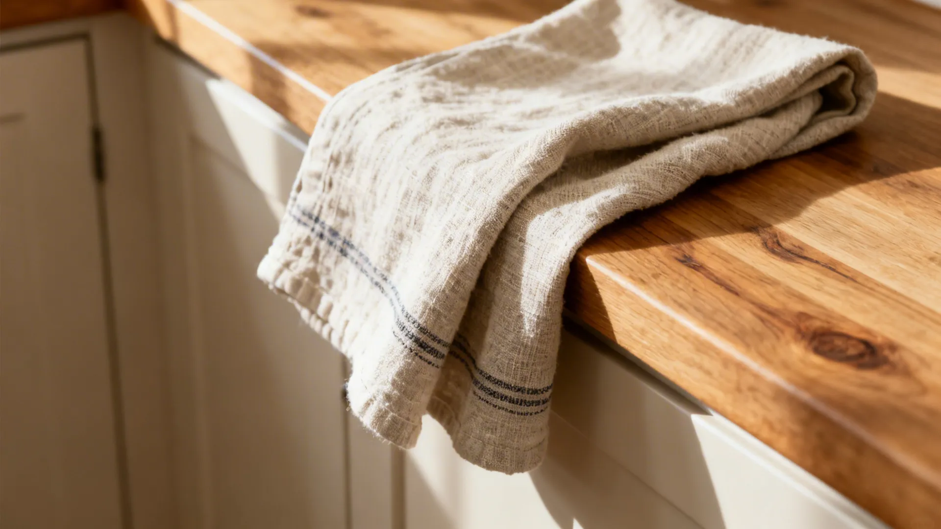 Macro of a linen towel over an oak ledge highlighting fabric weave and wood grain.