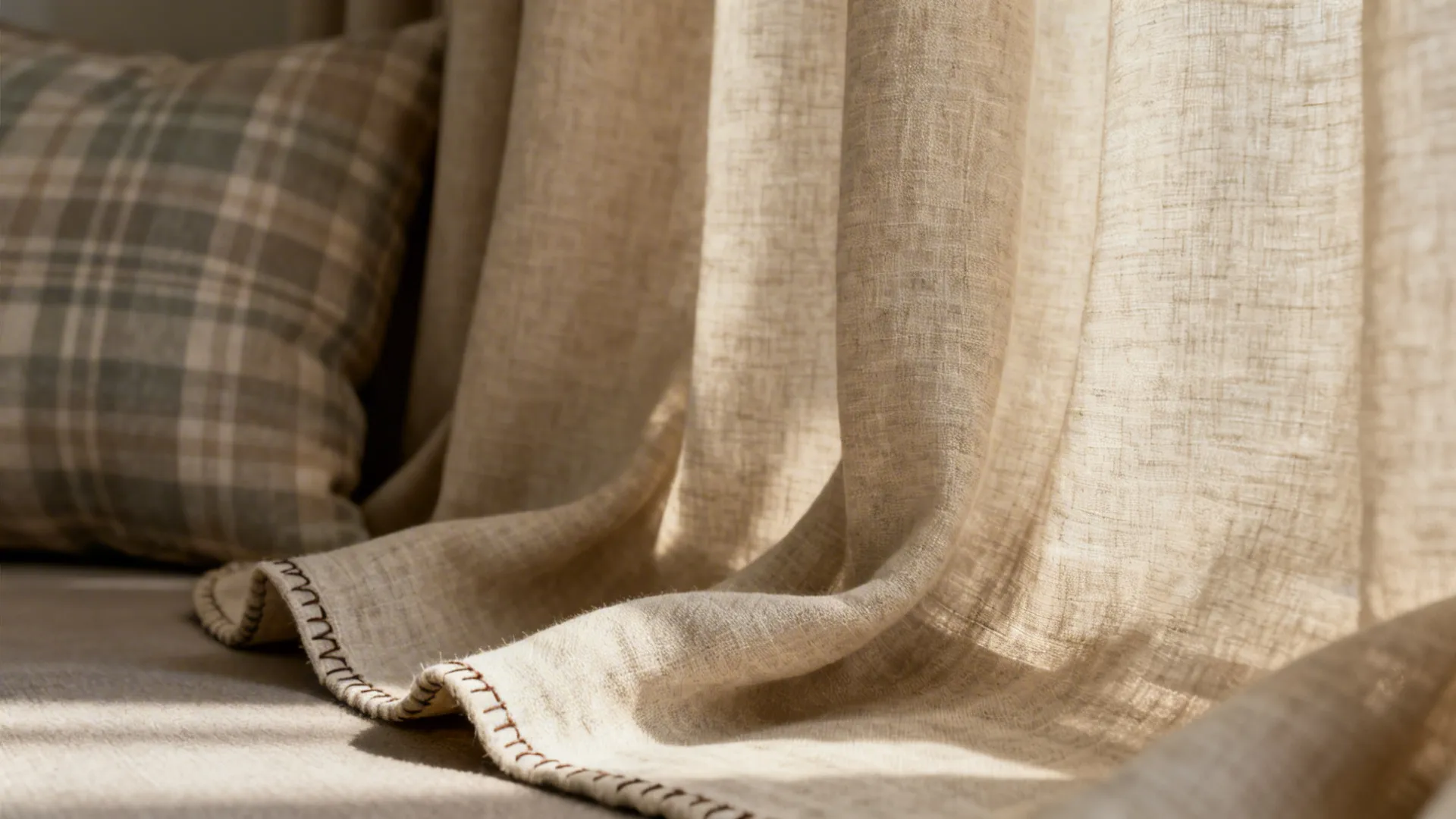 Close-up of linen-blend curtain fabric showing texture and soft folds