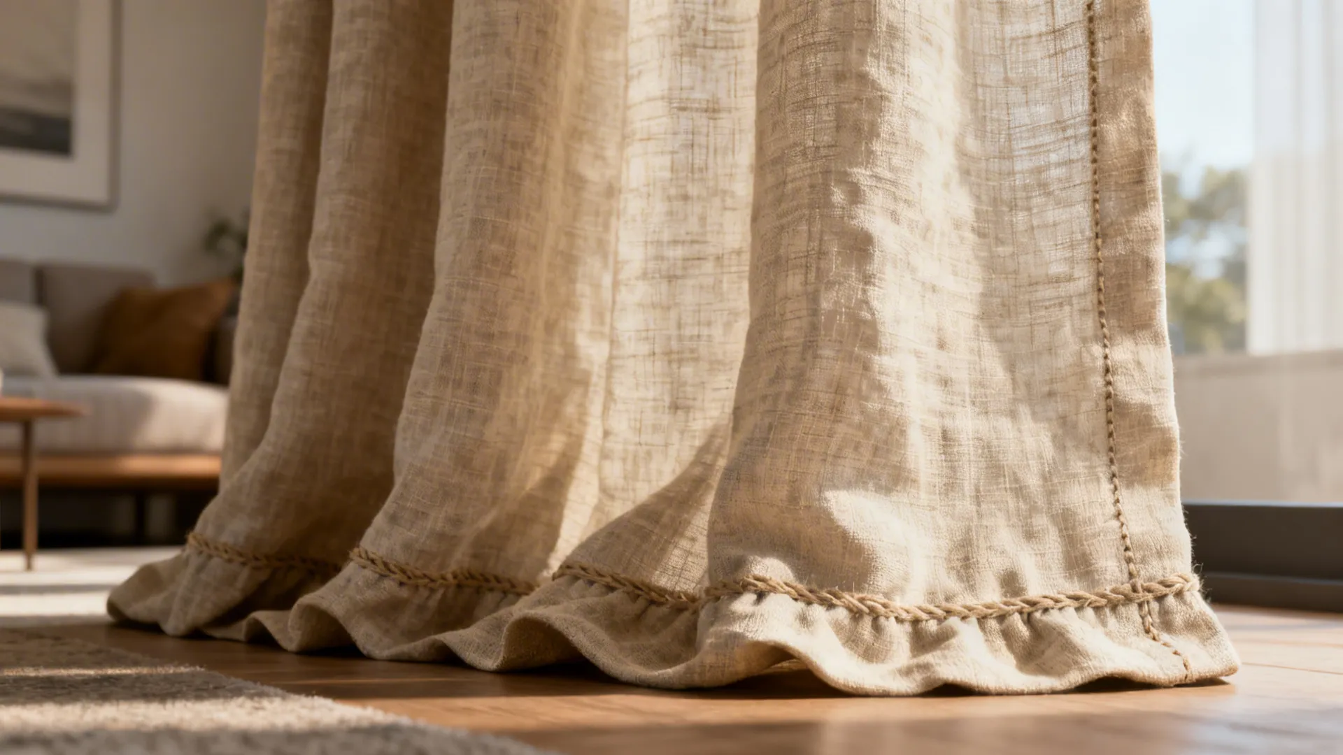 Close-up of neutral linen curtain panel showing weave, soft folds, and natural wrinkles.