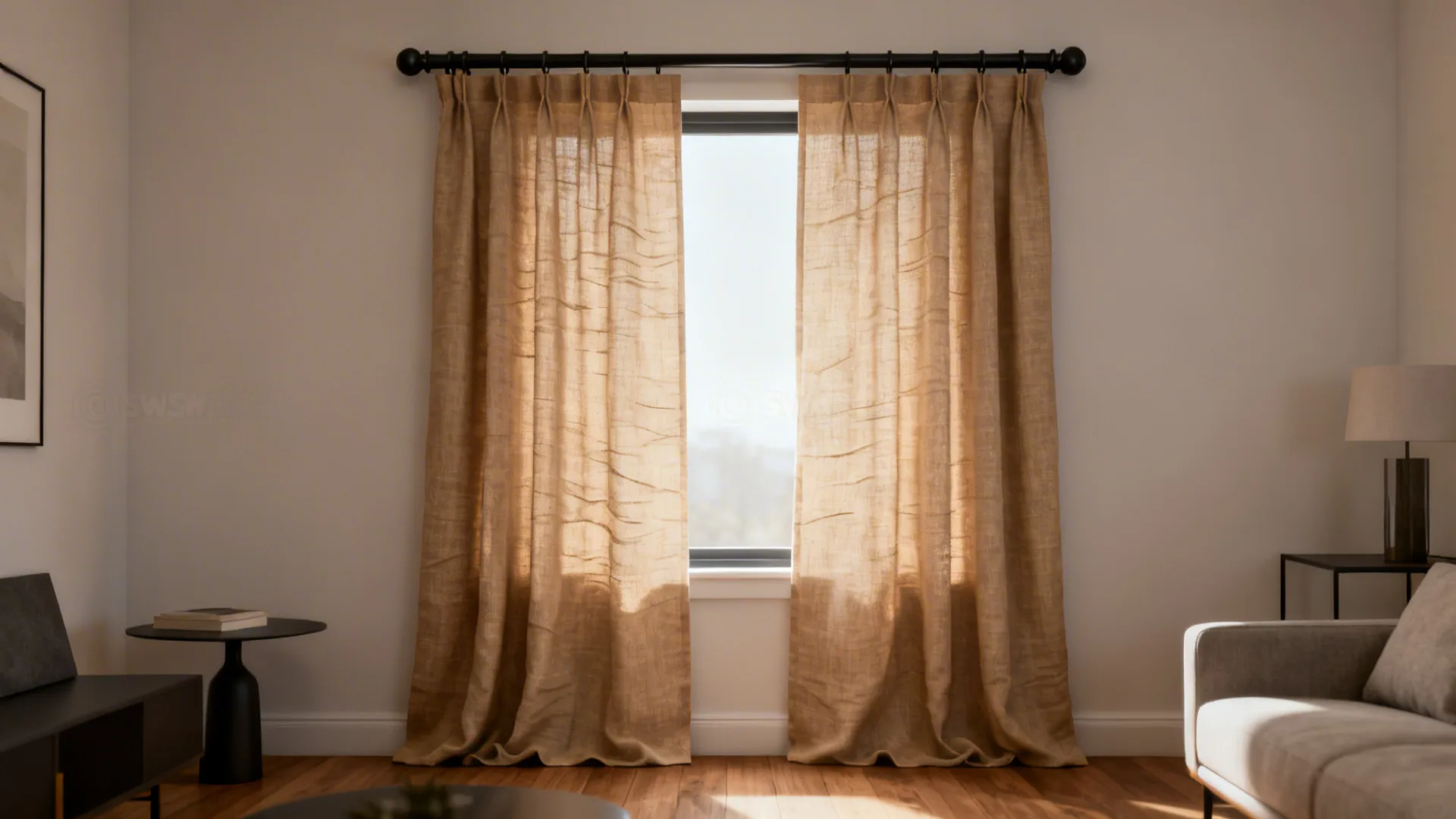 Bright living room featuring brown linen curtain on black rod beside a comfortable grey sofa chair