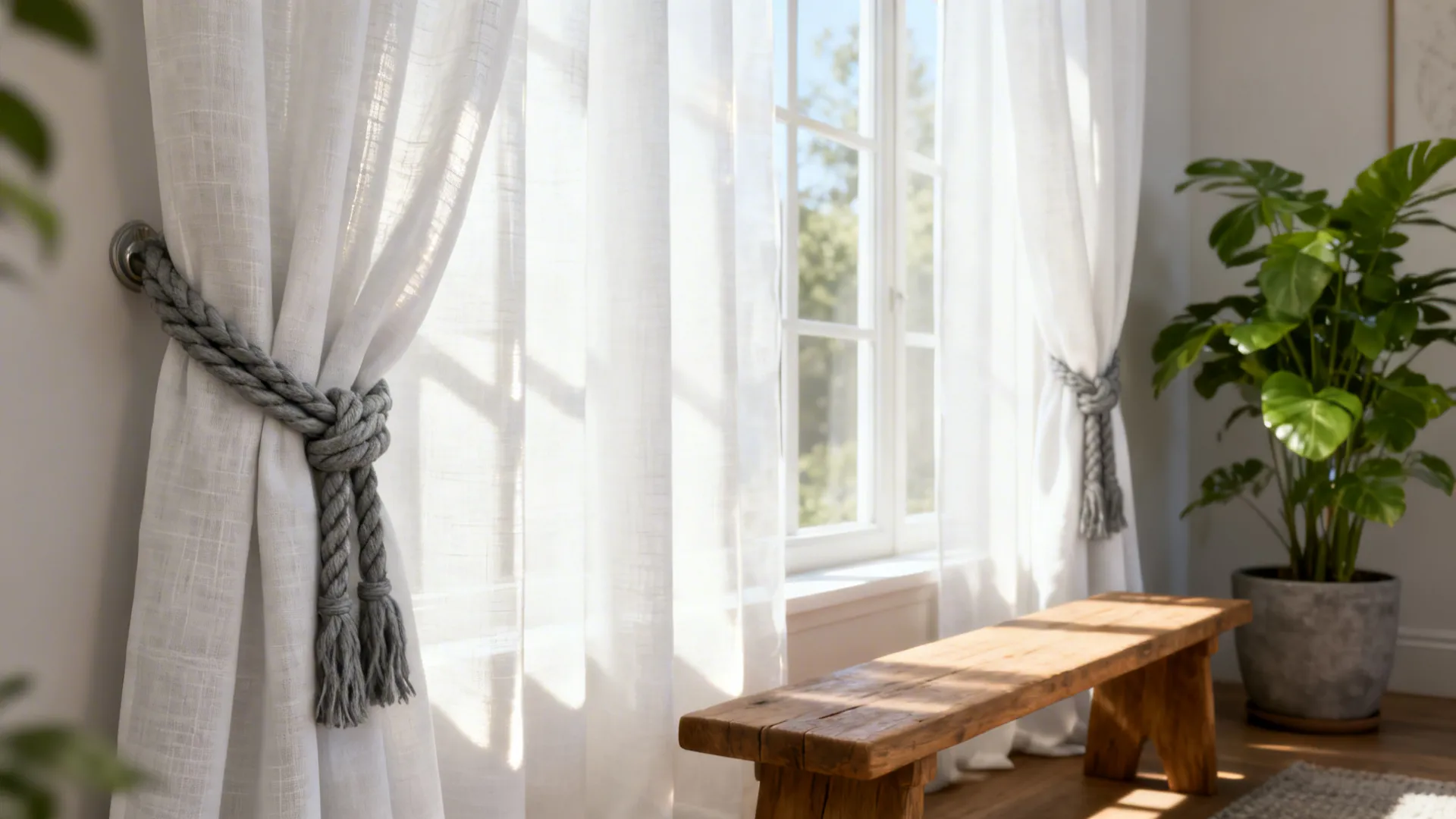 White linen curtains with grey textured tiebacks brightening a north-facing room