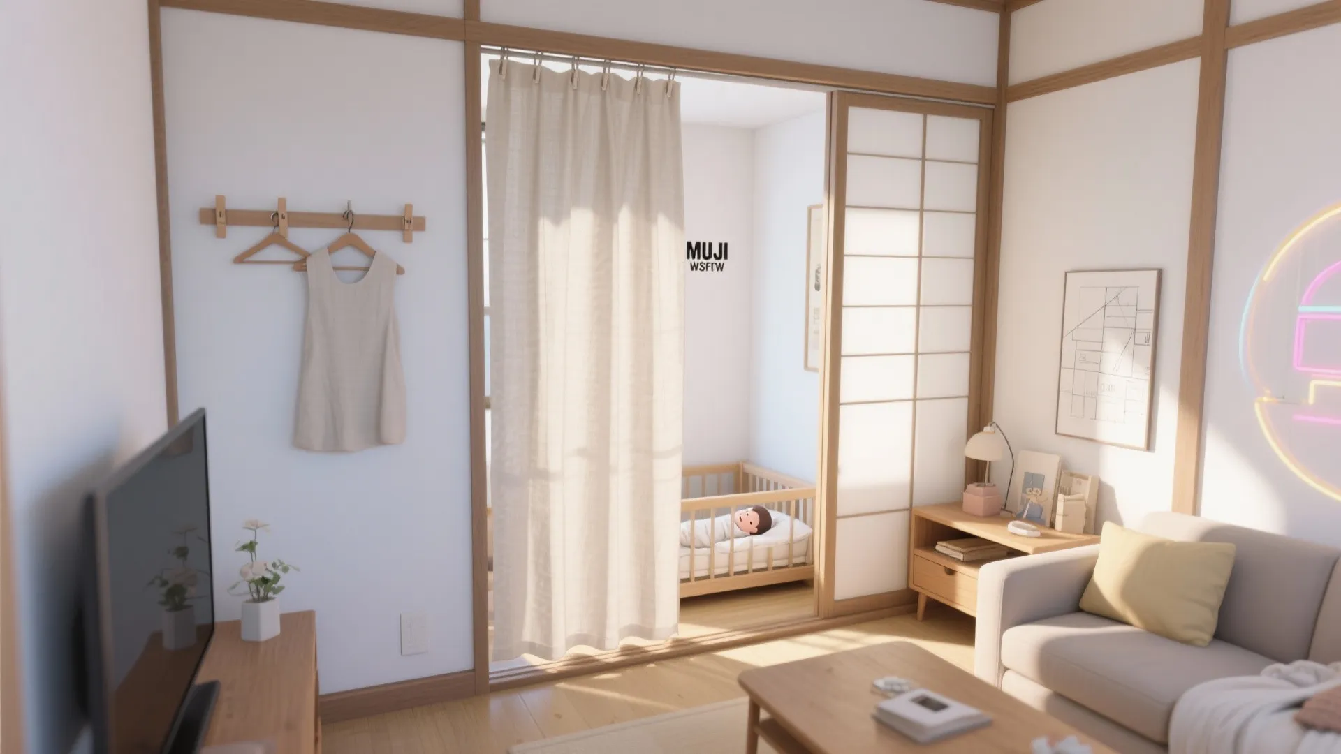 寝室とリビングの“視線コントロール”：突っ張り＋透ける布で半個室を作る