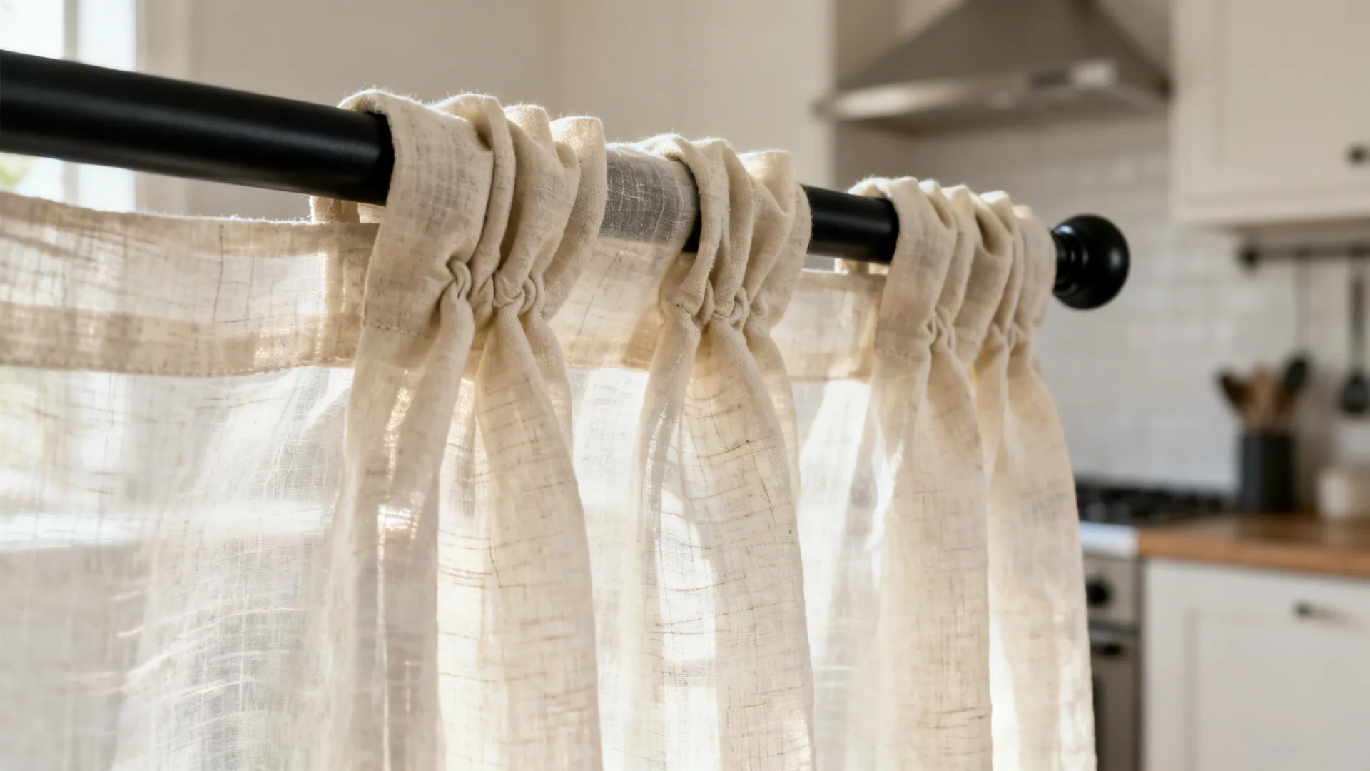 Macro of sheer linen pinch pleats on a matte-black café rod with natural fiber texture.