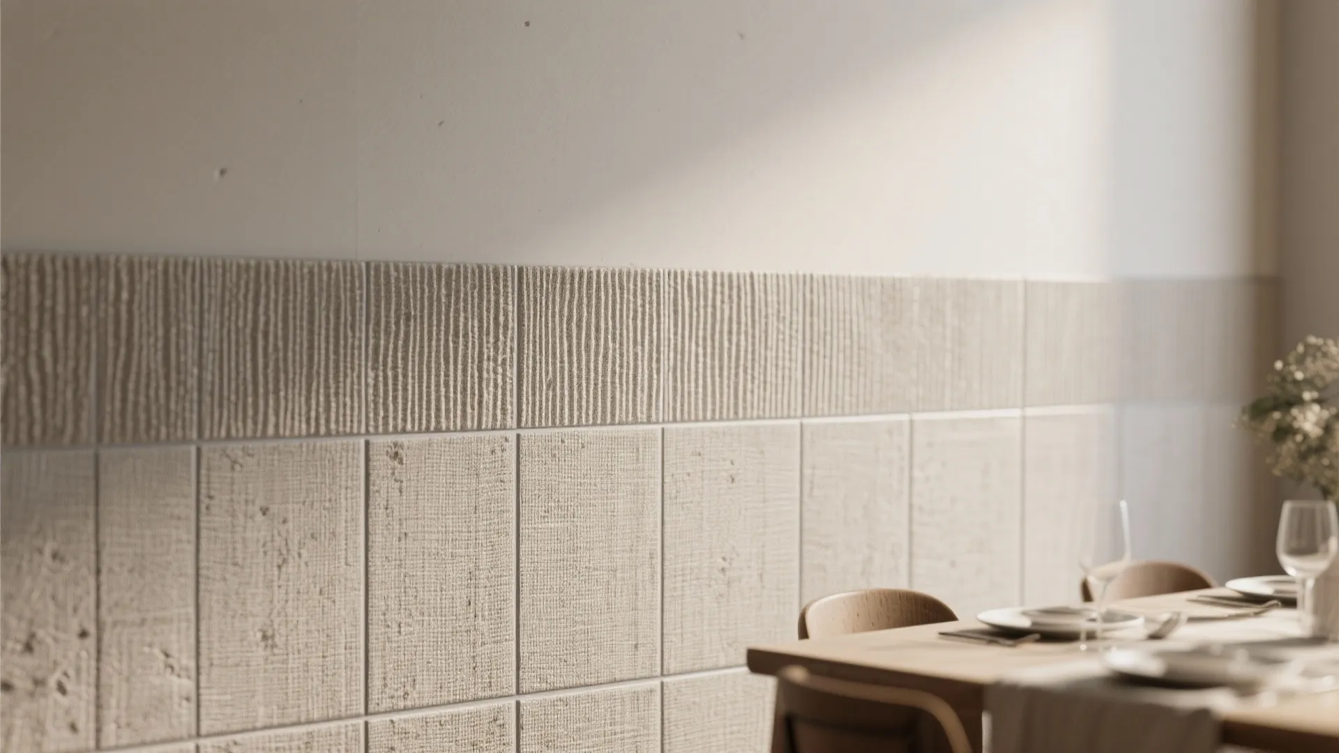 Close up of beige textured wall tiles with vertical lines next to a wooden dining table