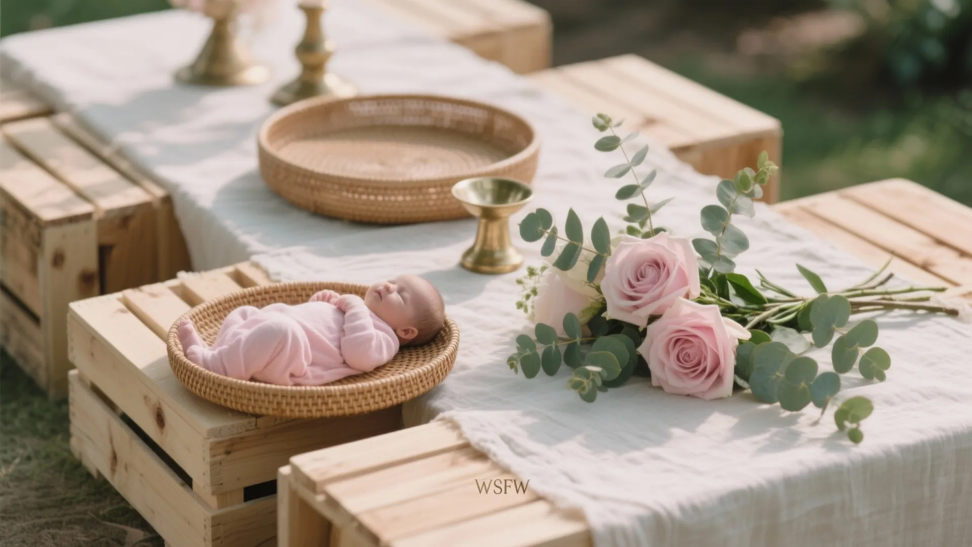 Textured linens with warm wood and rattan accents