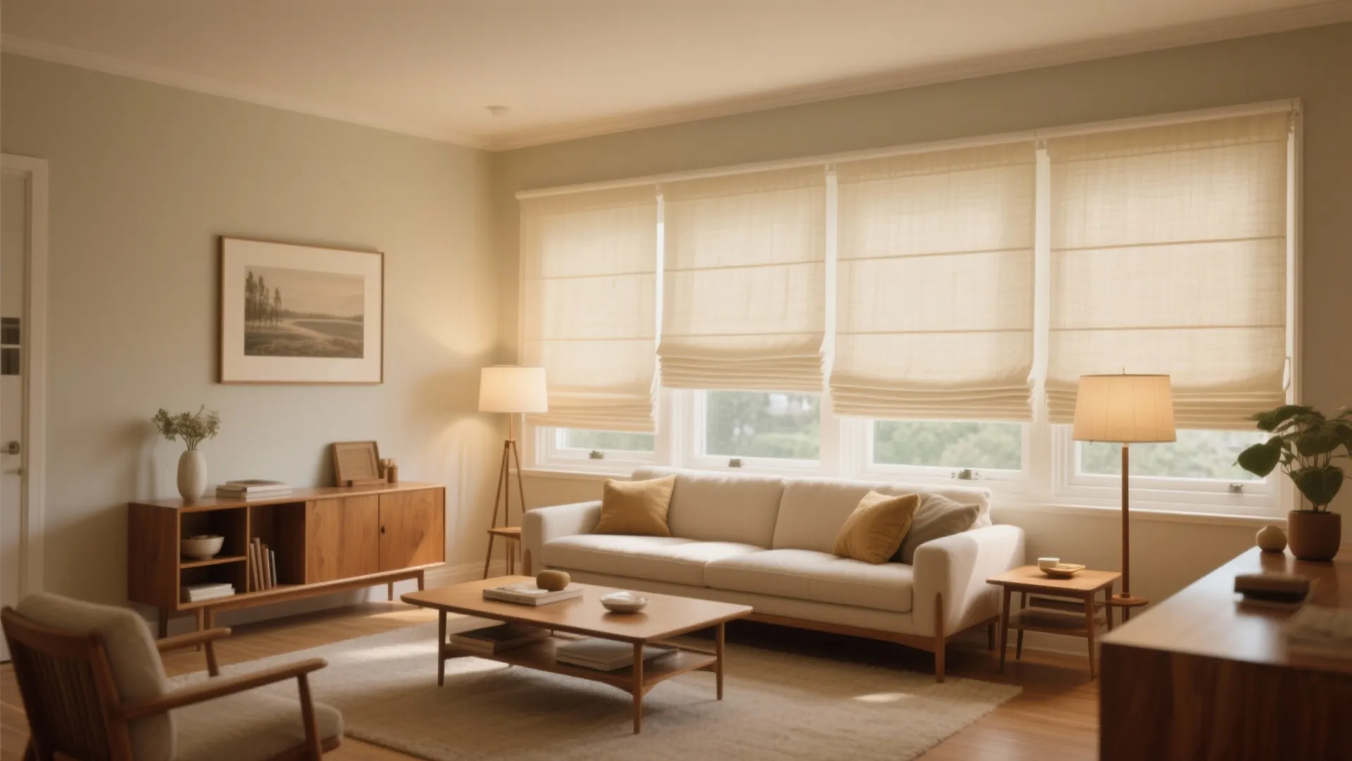Mid-century living room with cream linen Roman blinds