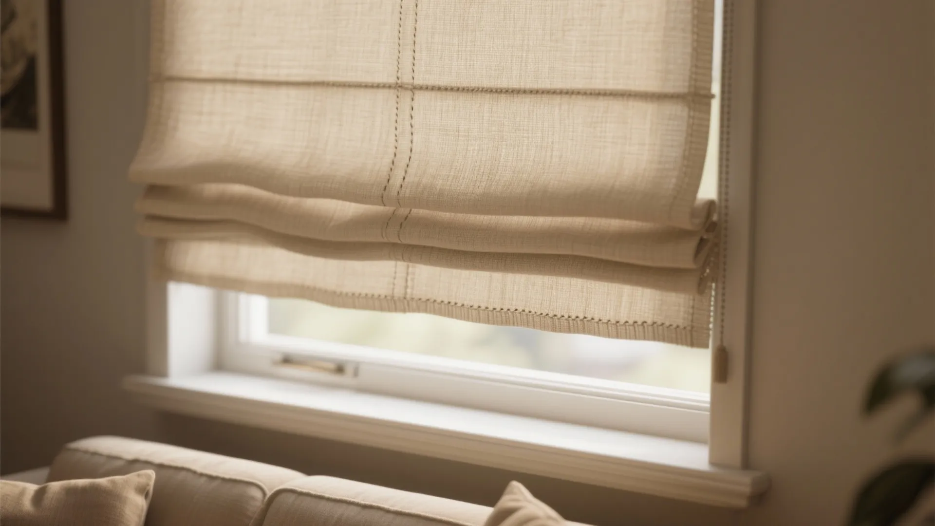 Beige fabric window curtain hanging over white frame above a sofa in bright living room