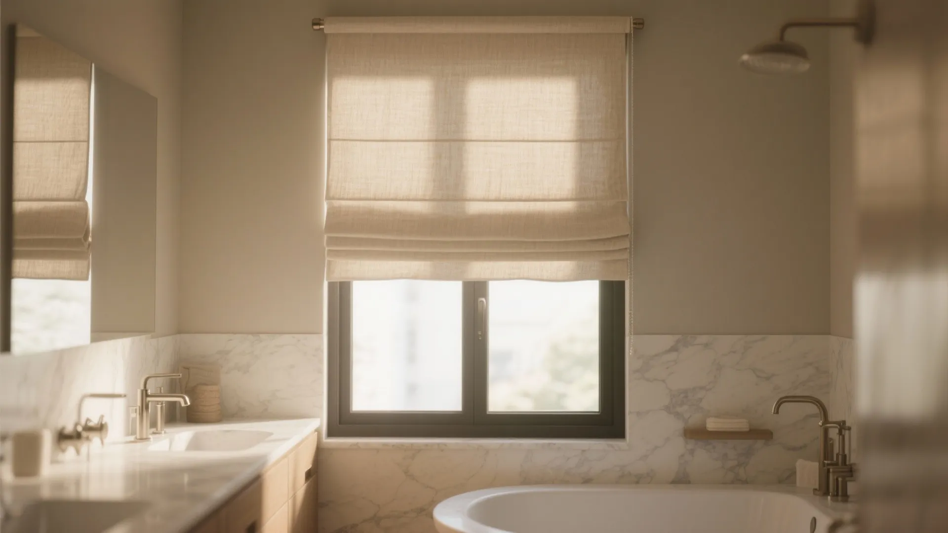Modern bathroom interior featuring cream fabric window blinds above a white bathtub with marble walls
