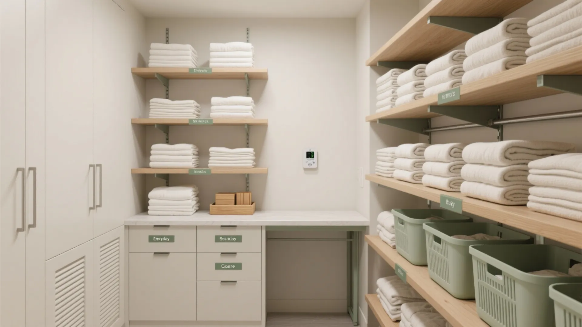 Well organized laundry room featuring wooden shelves with neatly folded white towels and green storage baskets