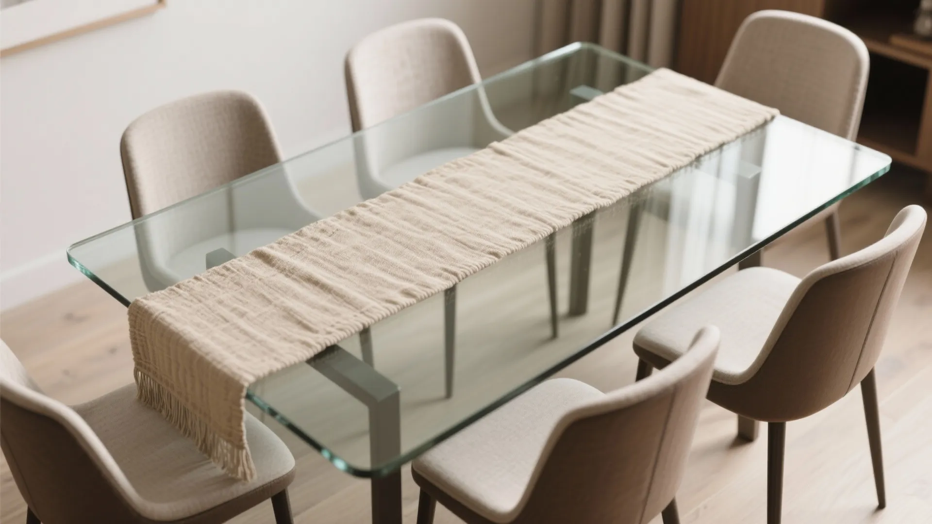 Modern rectangular glass dining table with a beige textured fabric runner and surrounding upholstered chairs