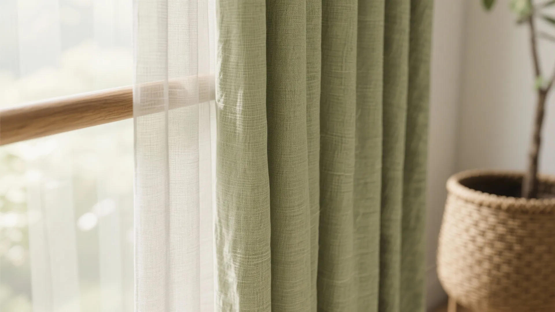 Close up of green fabric curtain hanging by a window with a woven basket nearby
