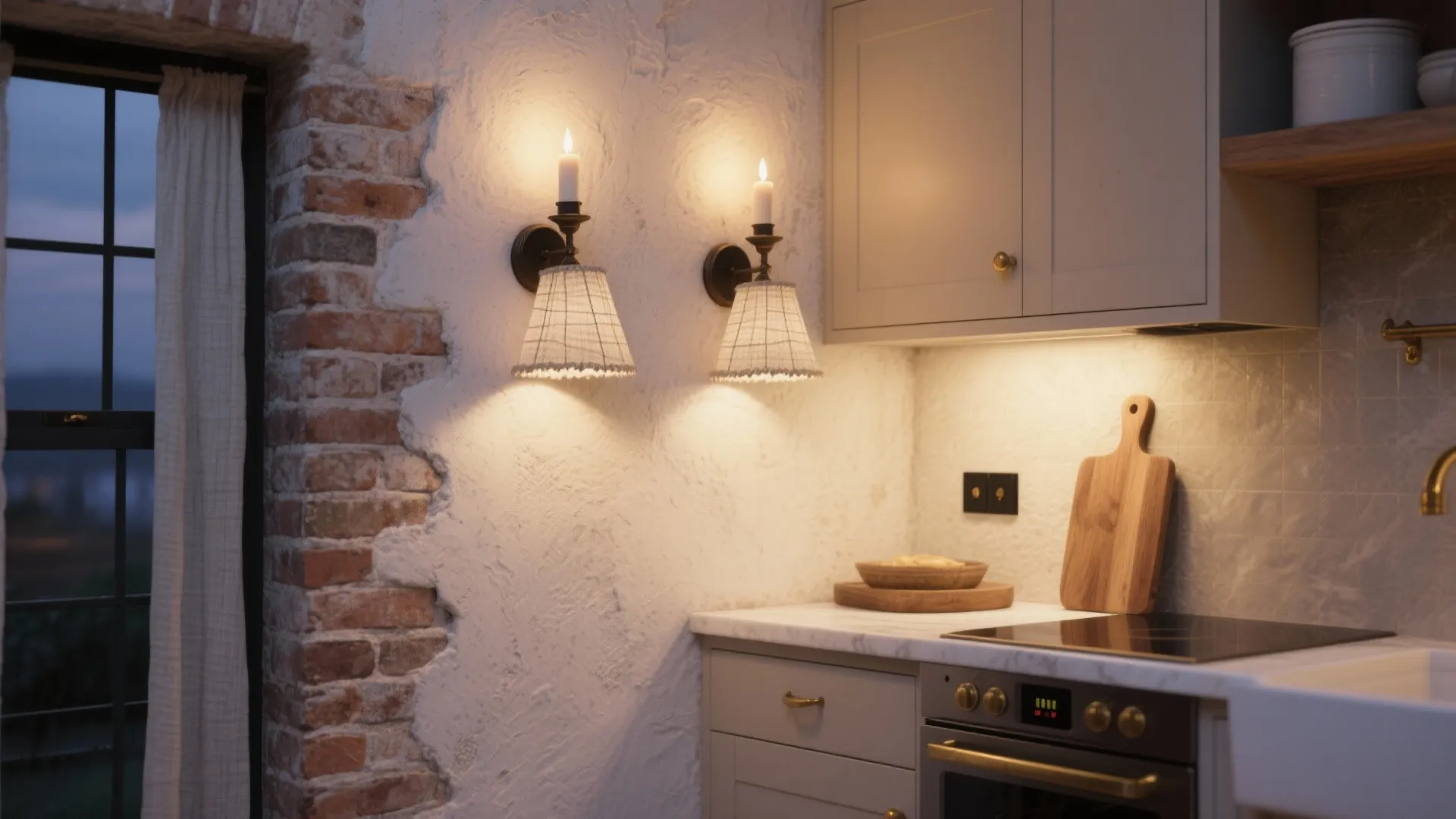 Two wall lights with fabric shades mounted on a white wall in a rustic kitchen