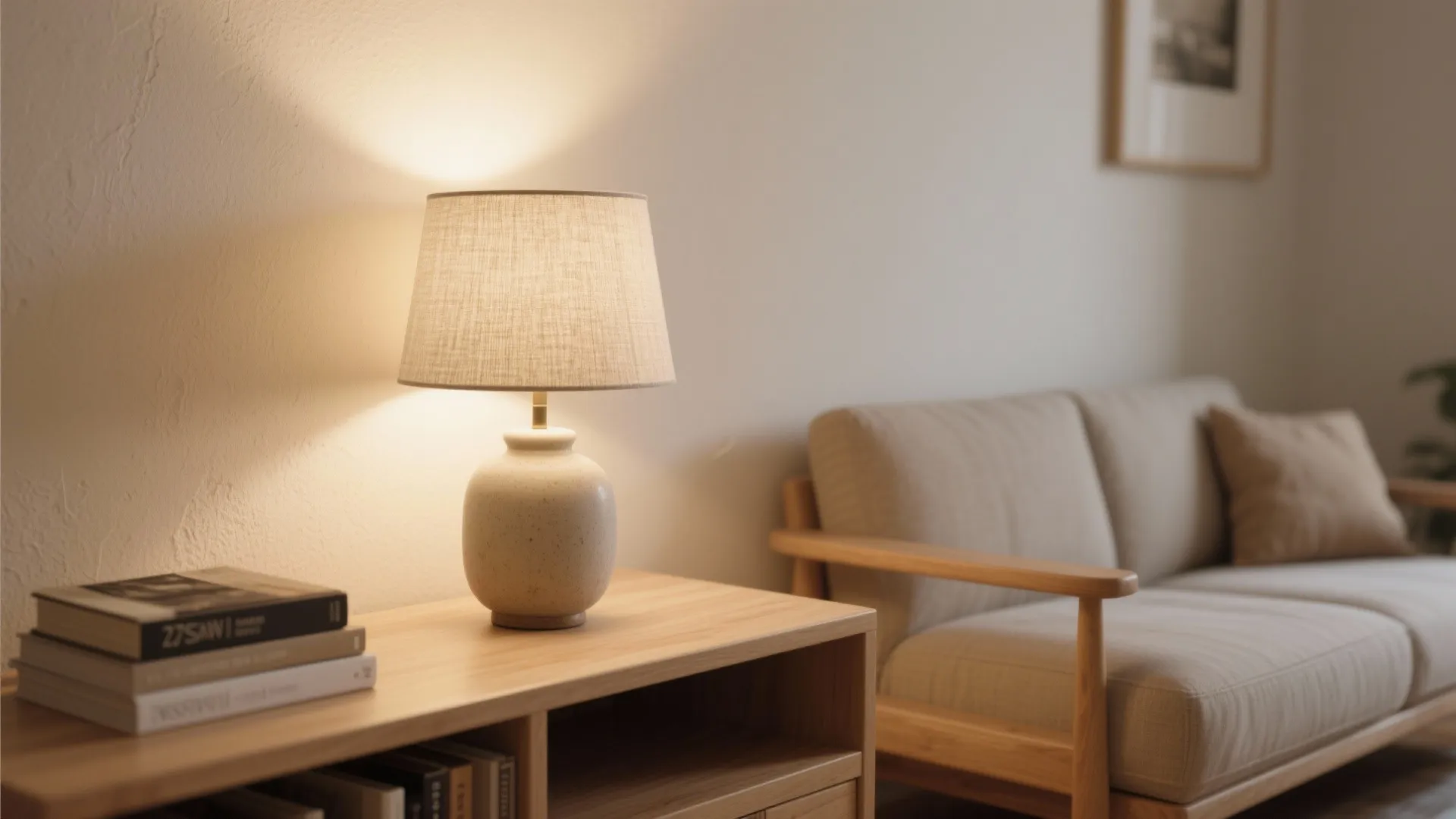 1) Minimalist linen shade with 2700K bulb