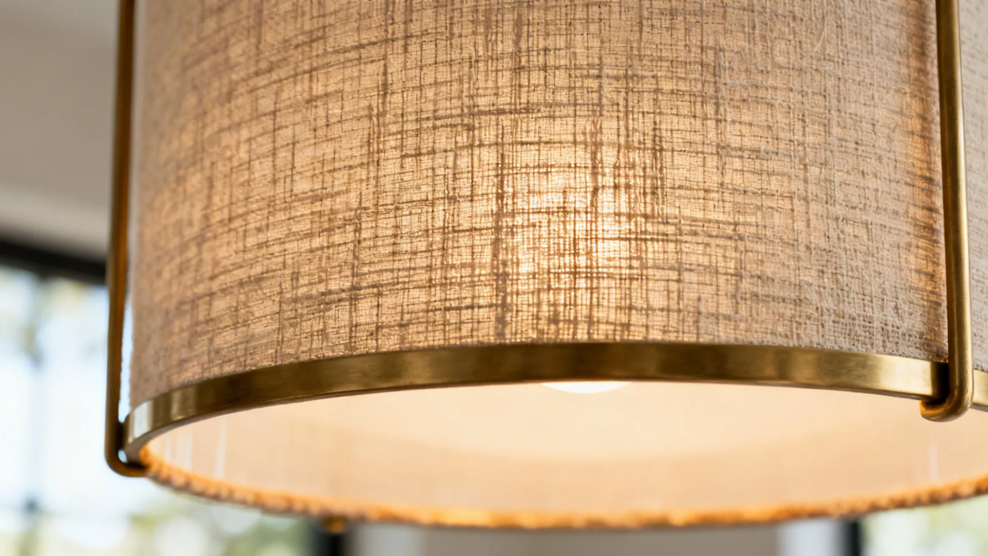 Close up of a textured fabric light fixture shade with a gold frame and glow