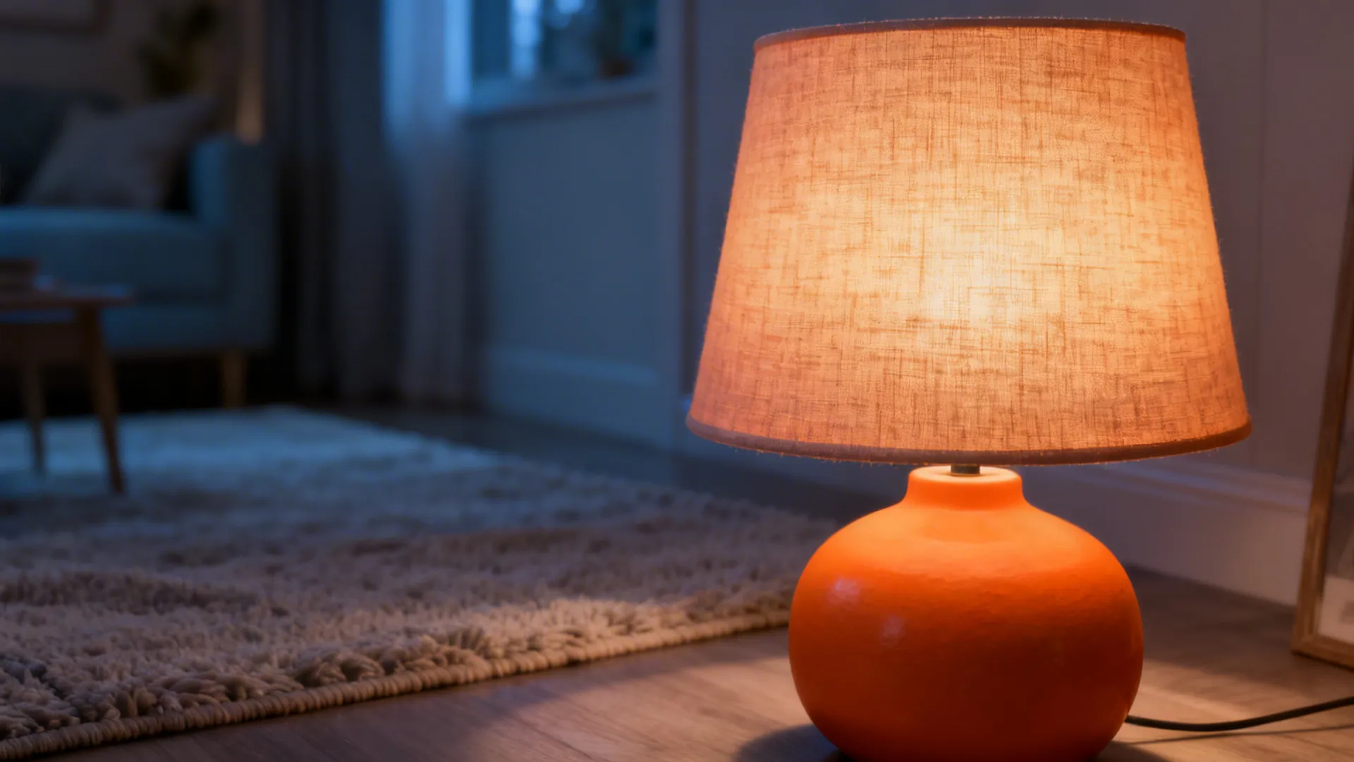 Muted orange lamp base with a textured linen shade casting a soft cozy glow in a corner.