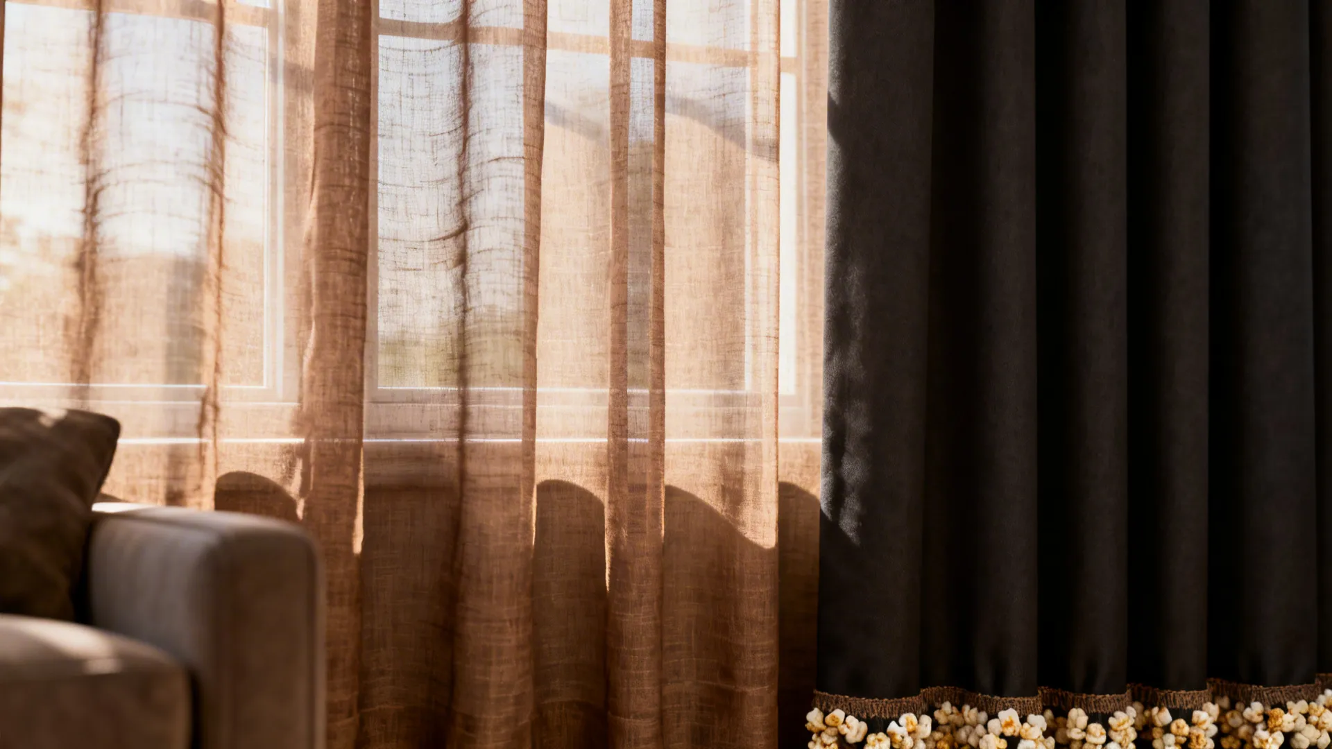Close-up of light brown linen sheer layered over a blackout curtain showing texture and soft daylight