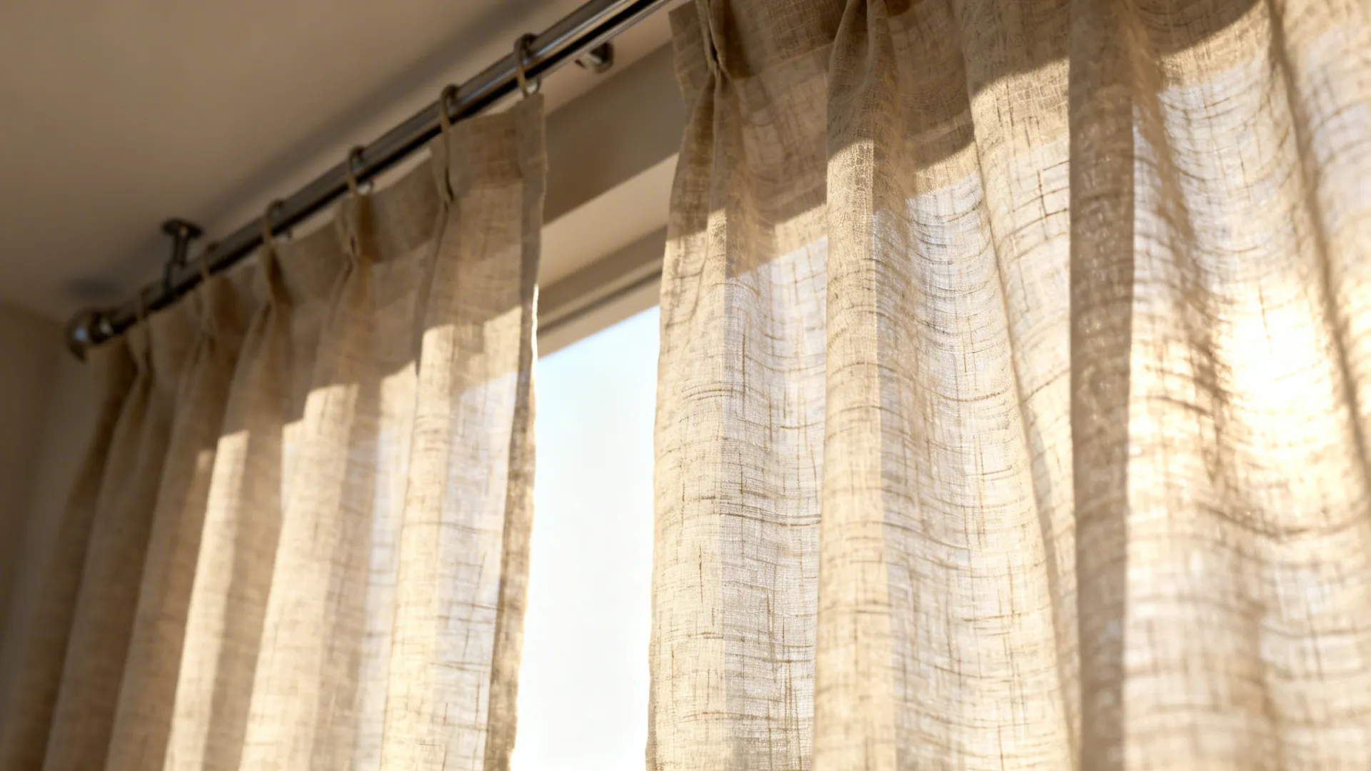 Close-up of linen-blend sheer fabric showing breathable slub texture and soft daylight folds.