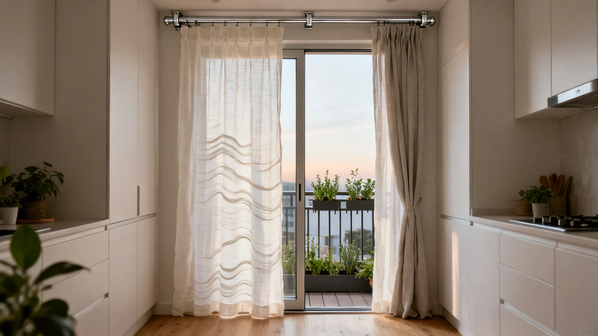 Galley kitchen with sliding doors layered in off-white linen sheers and a privacy liner.