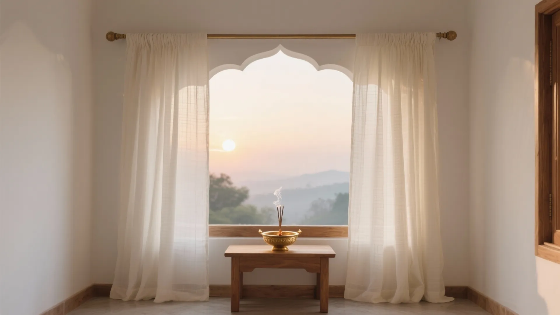 East-facing pooja alcove with double-layer ivory linen sheers softly diffusing sunrise light.