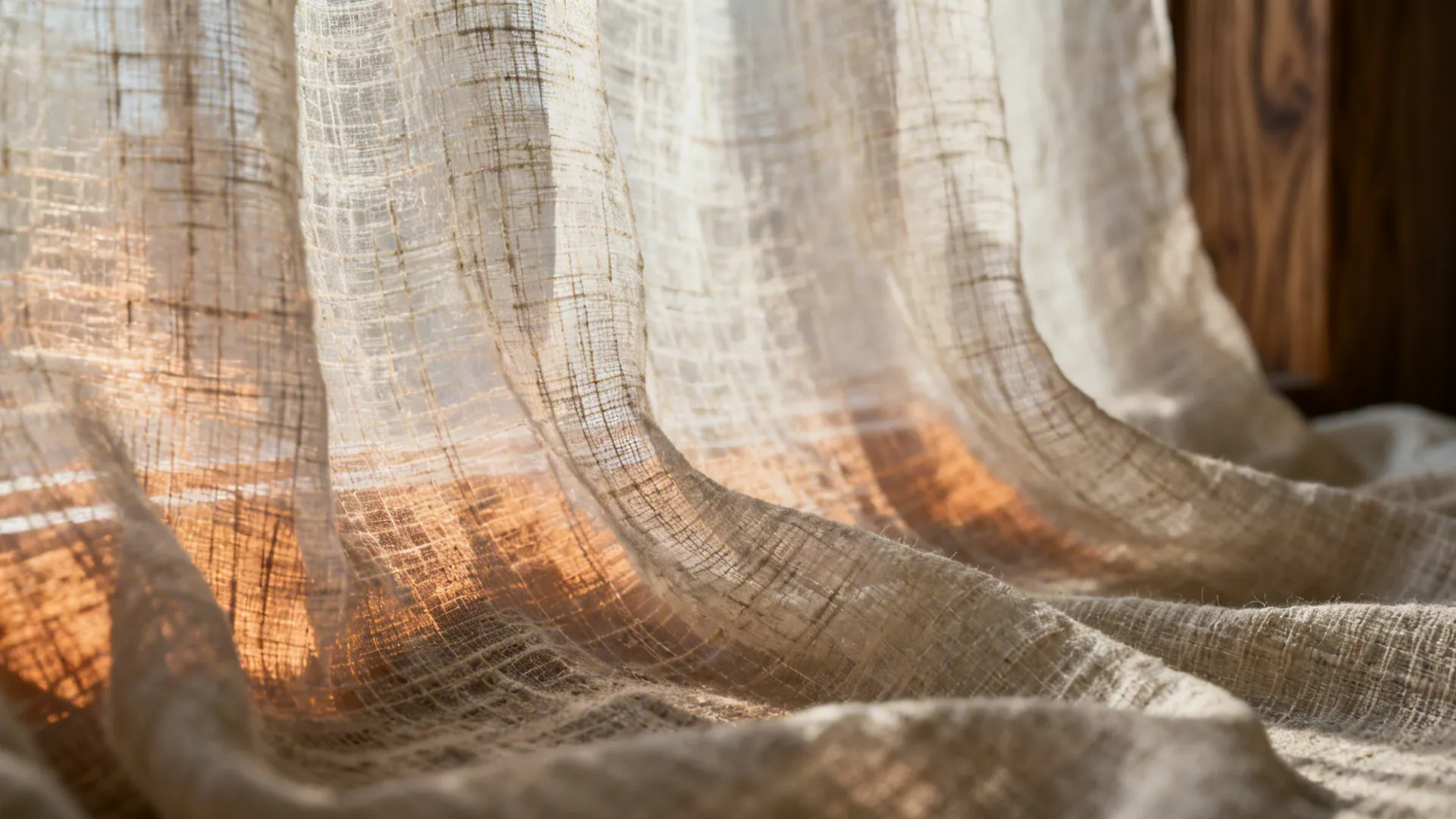 Close-up of linen-like sheer fabric showing weave texture and warm translucency.