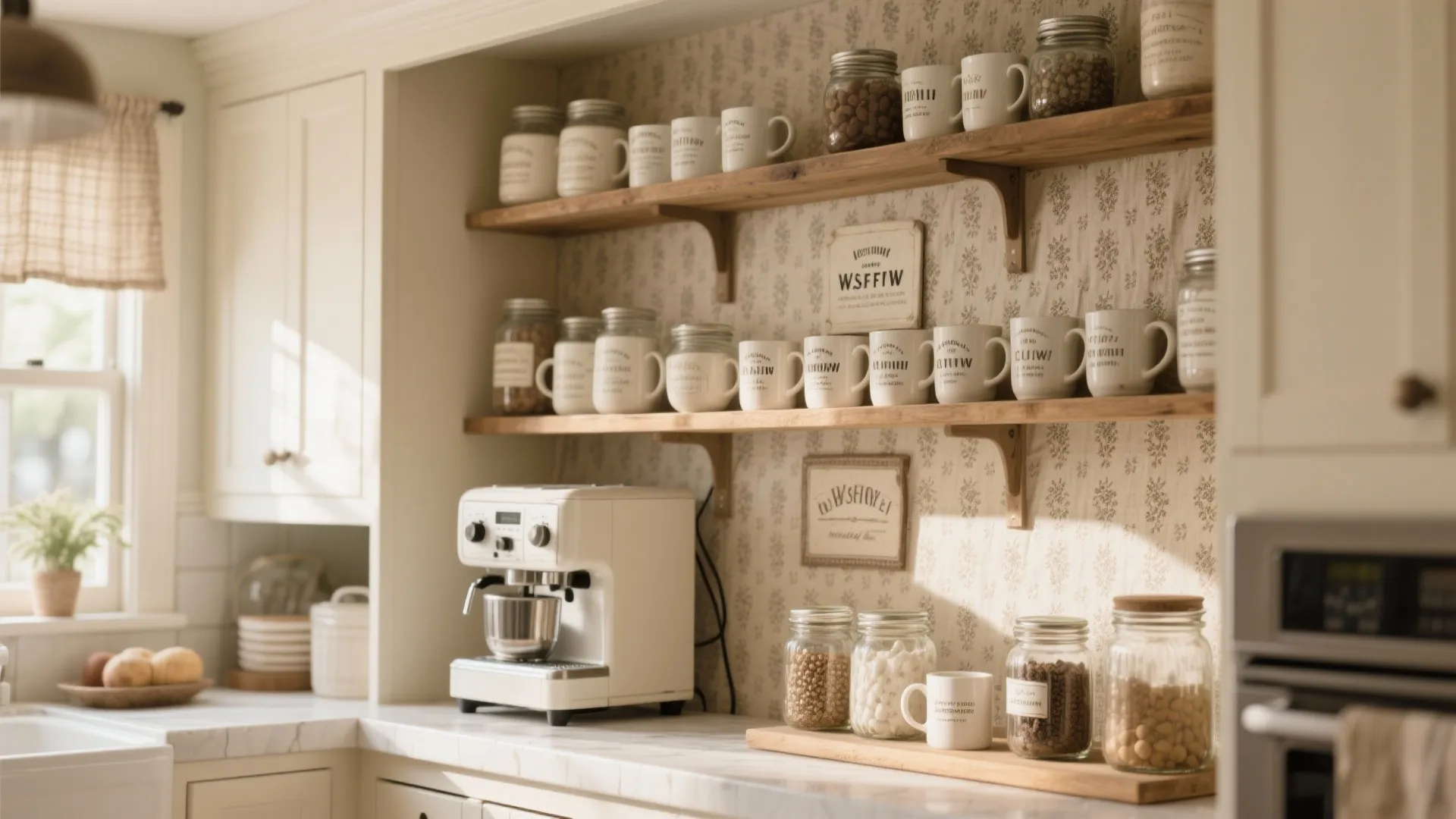 Kitchen shelves with coffee machine and many white mugs against a floral pattern wall cover